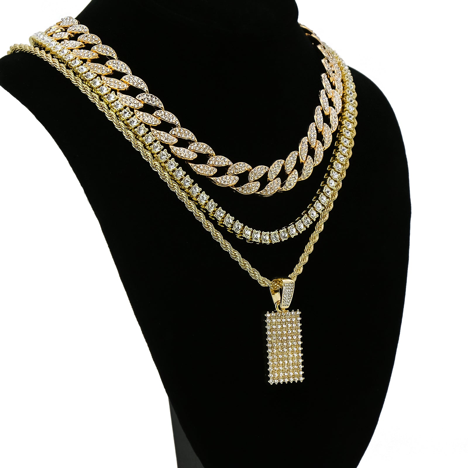 Dog Tag 4 Pcs Set Clear Cz Cuban, Tennis & Rope Chain Bundle Gold PT