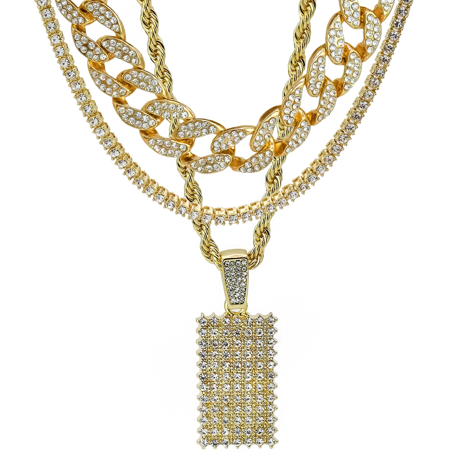 Dog Tag 4 Pcs Set Clear Cz Cuban, Tennis & Rope Chain Bundle Gold PT
