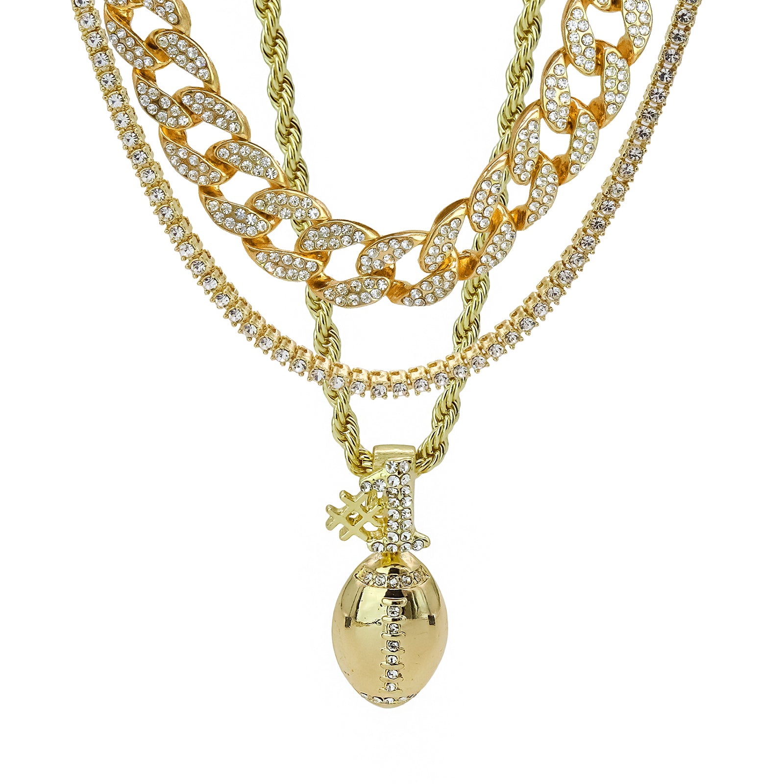 #1 Football 4 Pcs Set Clear Cz Cuban, Tennis & Rope Chain Bundle Gold PT