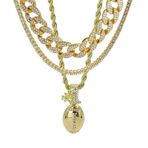 #1 Football 4 Pcs Set Clear Cz Cuban, Tennis & Rope Chain Bundle Gold PT