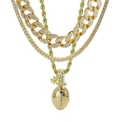 #1 Football 4 Pcs Set Clear Cz Cuban, Tennis & Rope Chain Bundle Gold PT