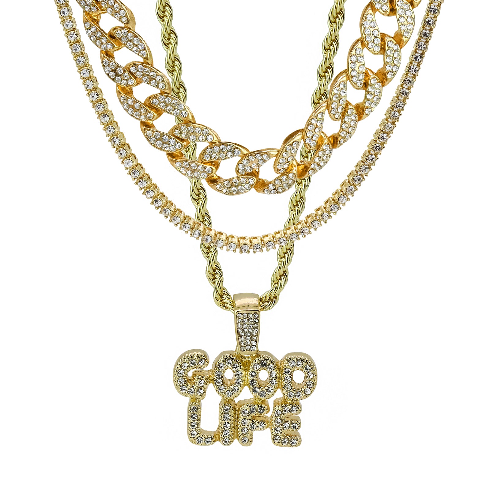 Good Life 4 Pcs Set Clear Cz Cuban, Tennis & Rope Chain Bundle Gold PT