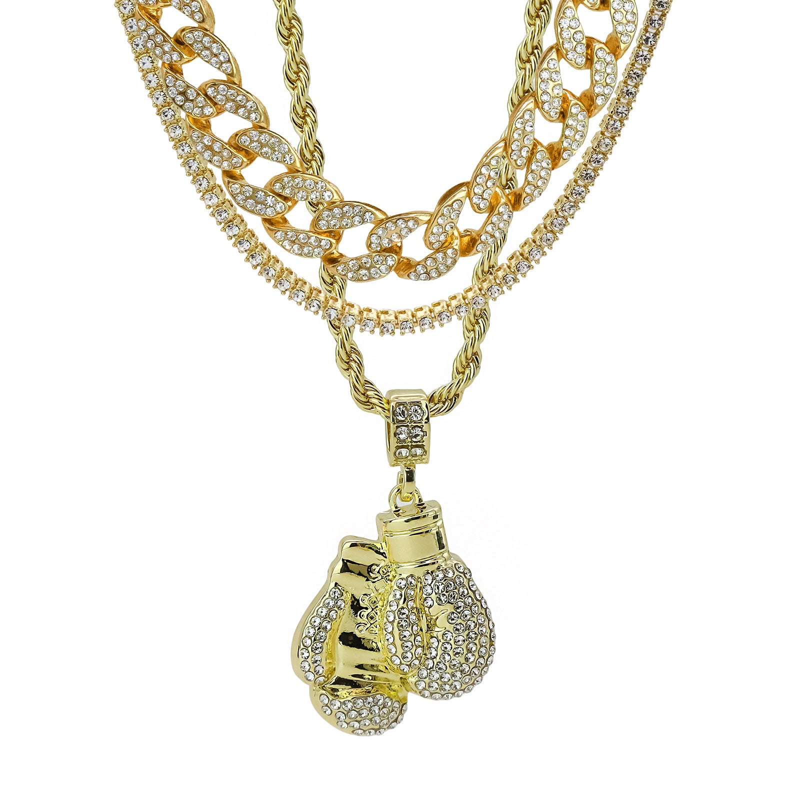 Boxing Gloves 4 Pcs Set Clear Cz Cuban, Tennis & Rope Chain Bundle Gold PT