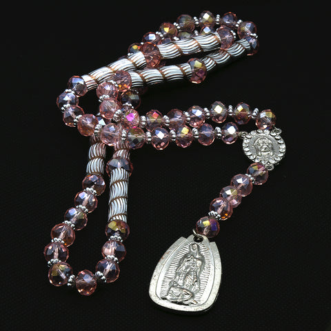 8MM Pink Crystal Rosary Jesus Medal & Guadalupe Pendants
