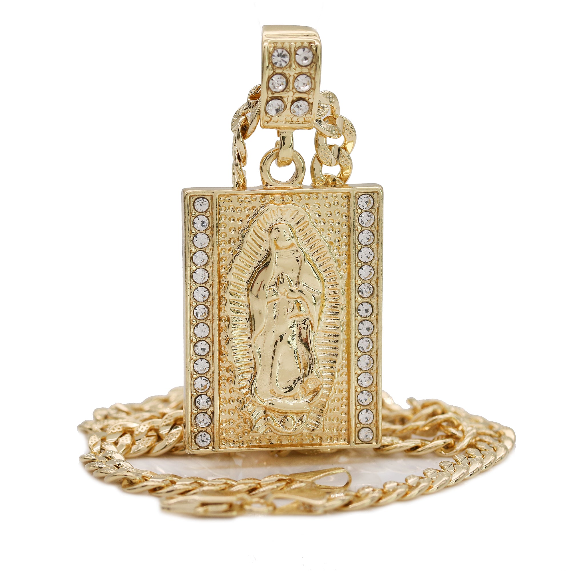 14k Gold Plated Rectangle Virgin Mary Block 6mm 24" Frost Cuban Chain Necklace