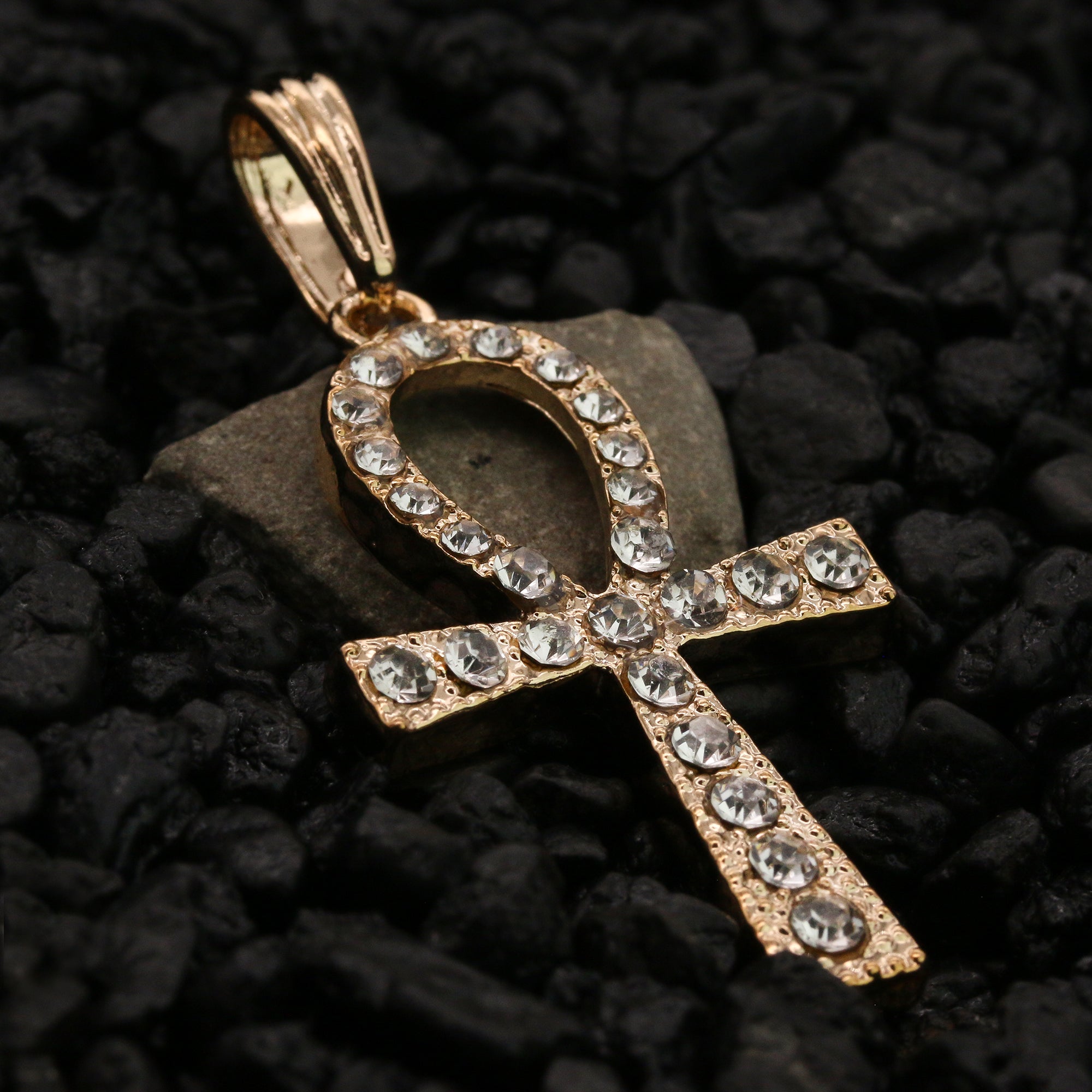 Iced Egyptian Ankh Pendant 24" Figaro Chain Hip Hop Style 18k Gold Plated