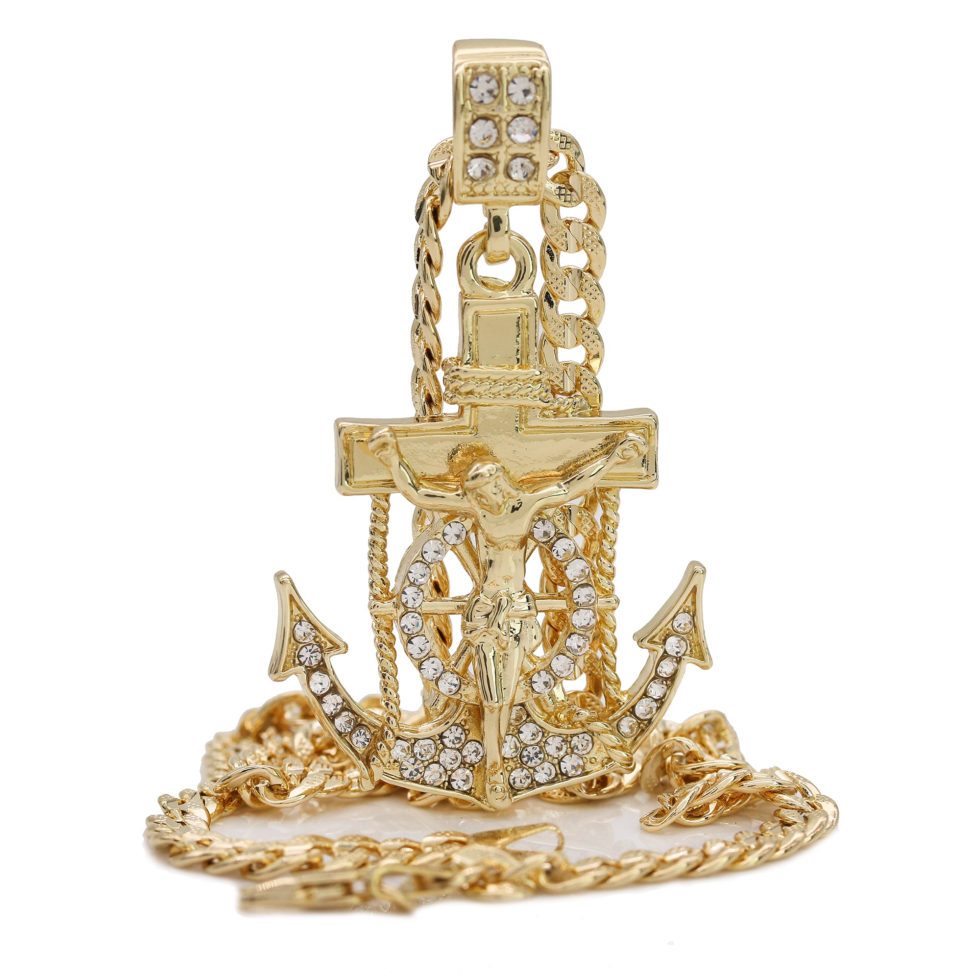 14k Gold Plated Cz Jesus Anchor Pendant 6mm 24" Frost Cuban Chain Necklace