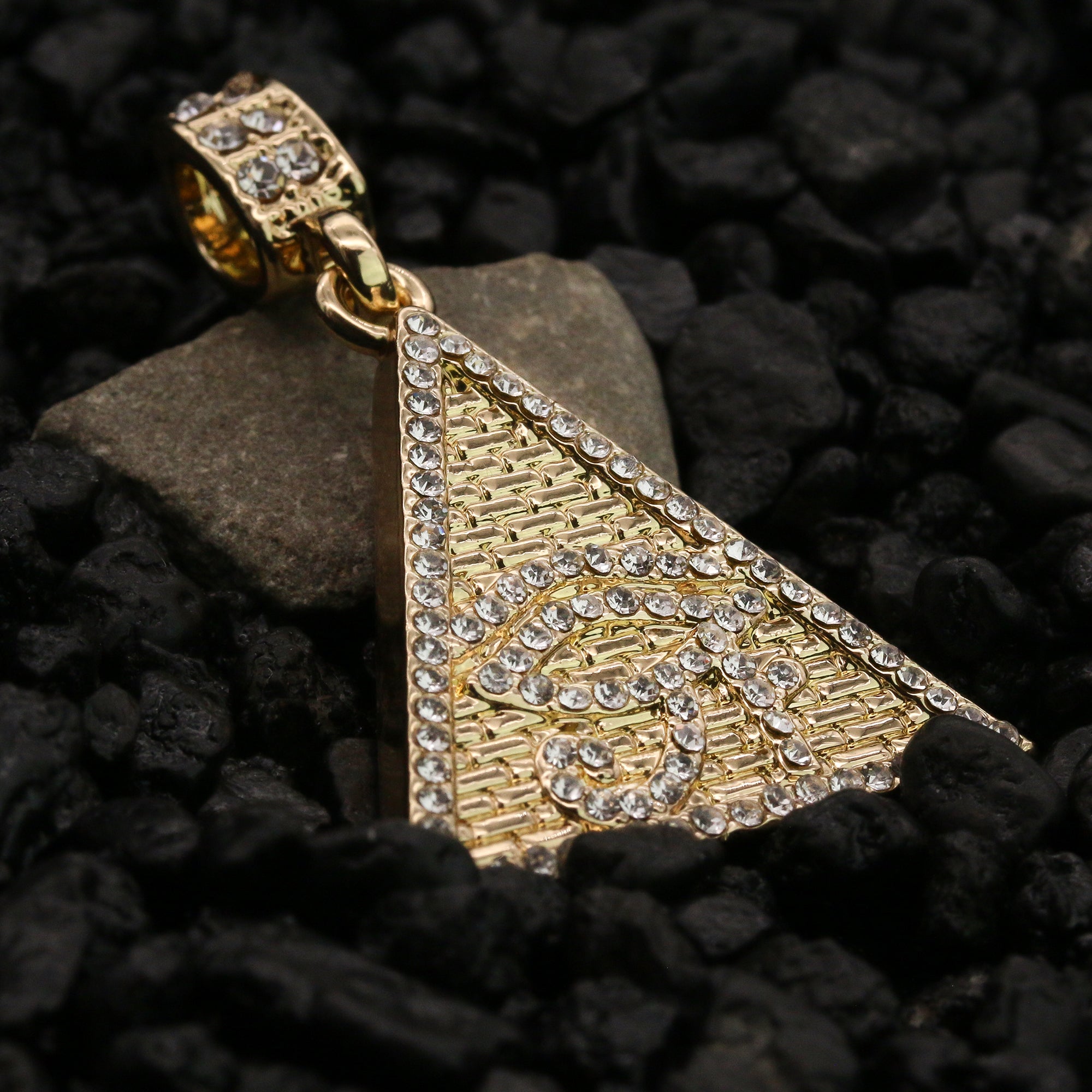 Iced Pyramid Eye of Ra Pendant 24" Figaro Chain Hip Hop Style 18k Gold Plated