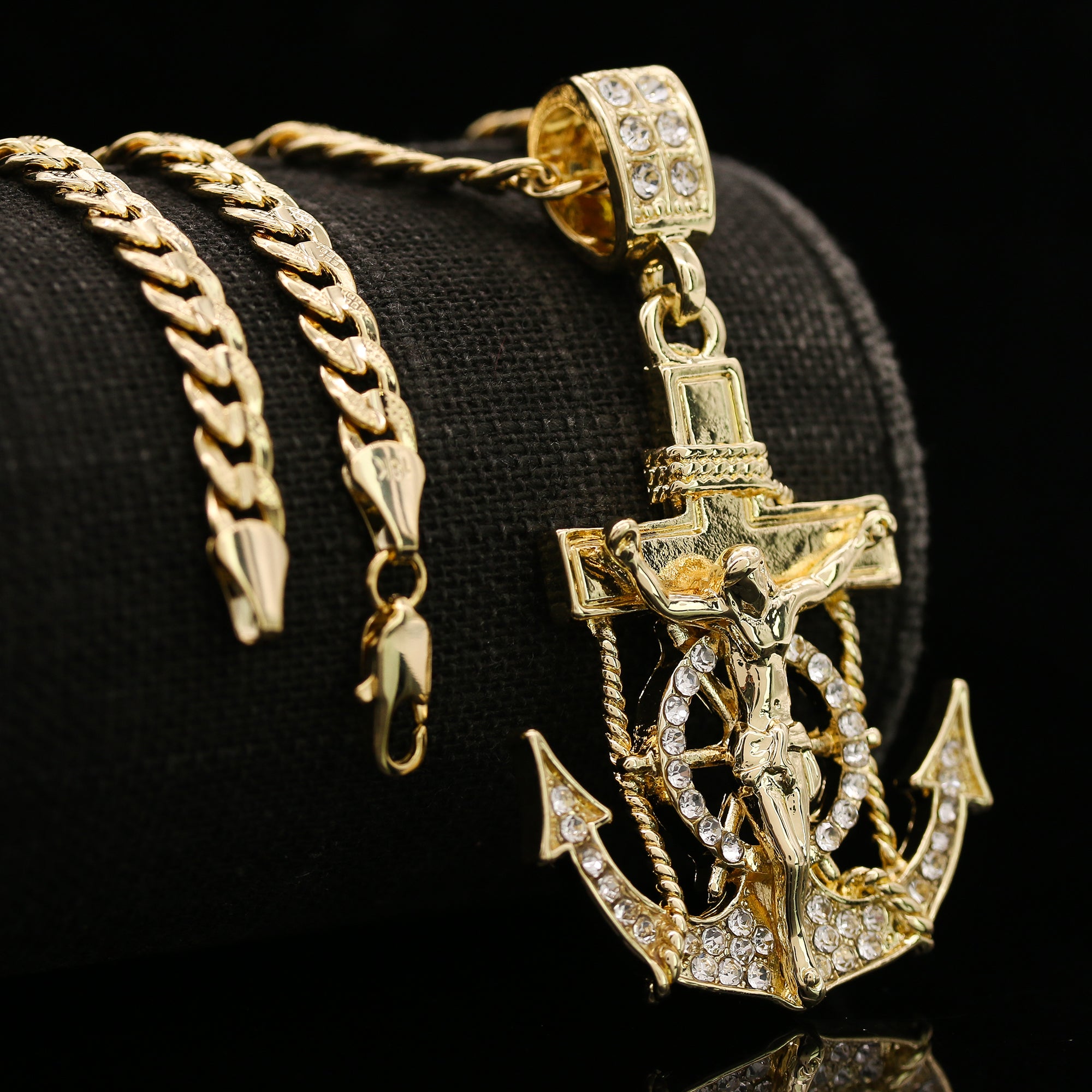 14k Gold Plated Cz Jesus Anchor Pendant 6mm 24" Frost Cuban Chain Necklace