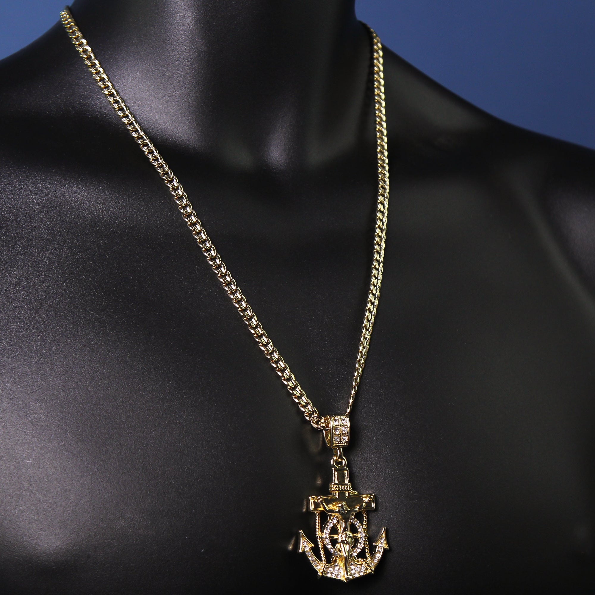 14k Gold Plated Cz Jesus Anchor Pendant 6mm 24" Frost Cuban Chain Necklace