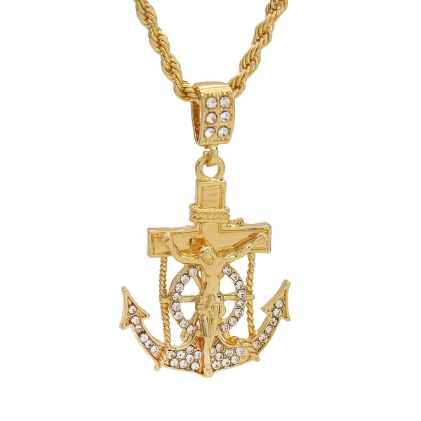 【STING925】Jesus Piece Pendant Anchor chain 4mm 60cm 925 Silver Jesus Anchor Crucifix Pendant Necklace with