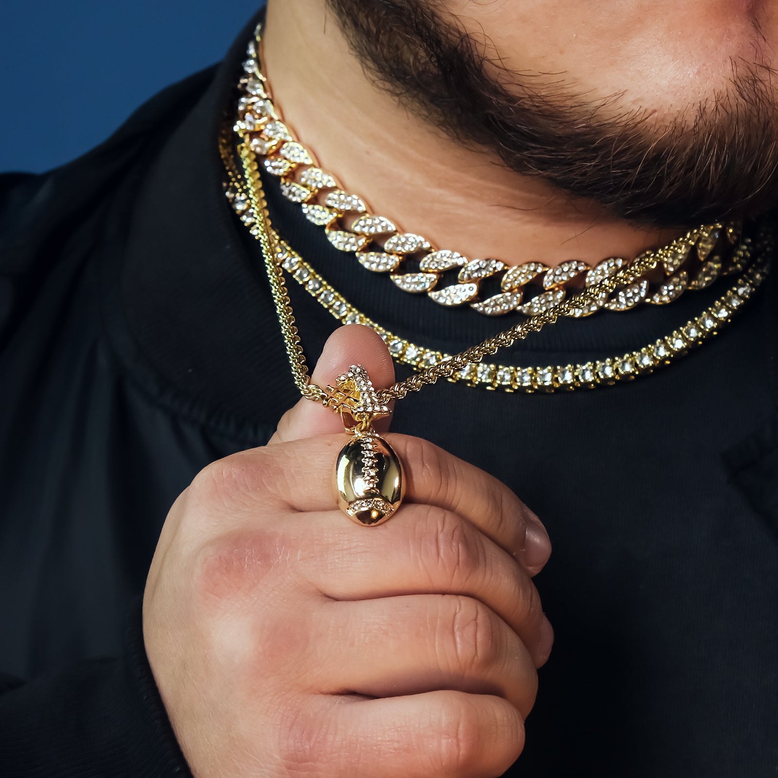 #1 Football 4 Pcs Set Clear Cz Cuban, Tennis & Rope Chain Bundle Gold PT