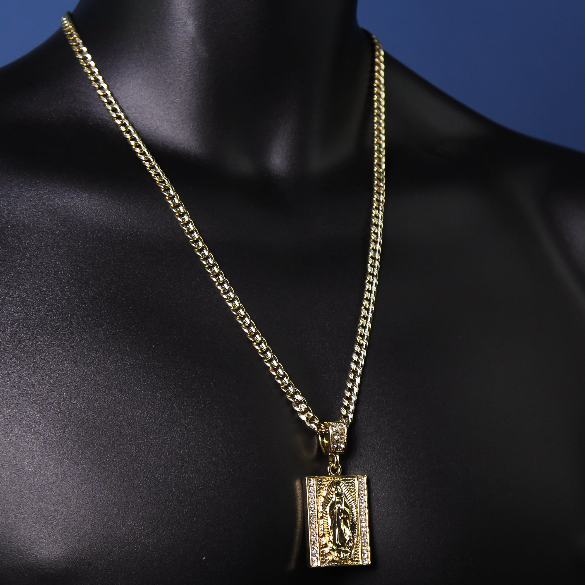 14k Gold Plated Rectangle Virgin Mary Block 6mm 24" Frost Cuban Chain Necklace