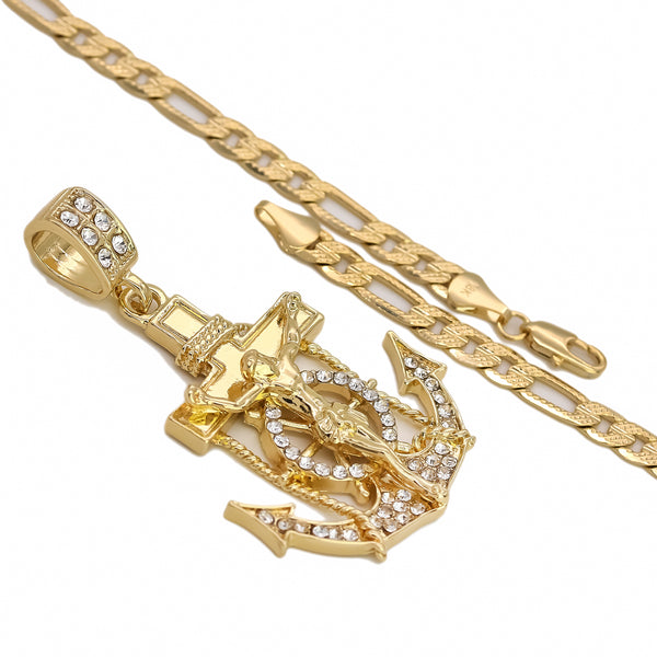 Jesus Anchor Pendant With 24” Figaro & Cuban Link Chain – 14k Gold Plated Stainless Steel, CZ