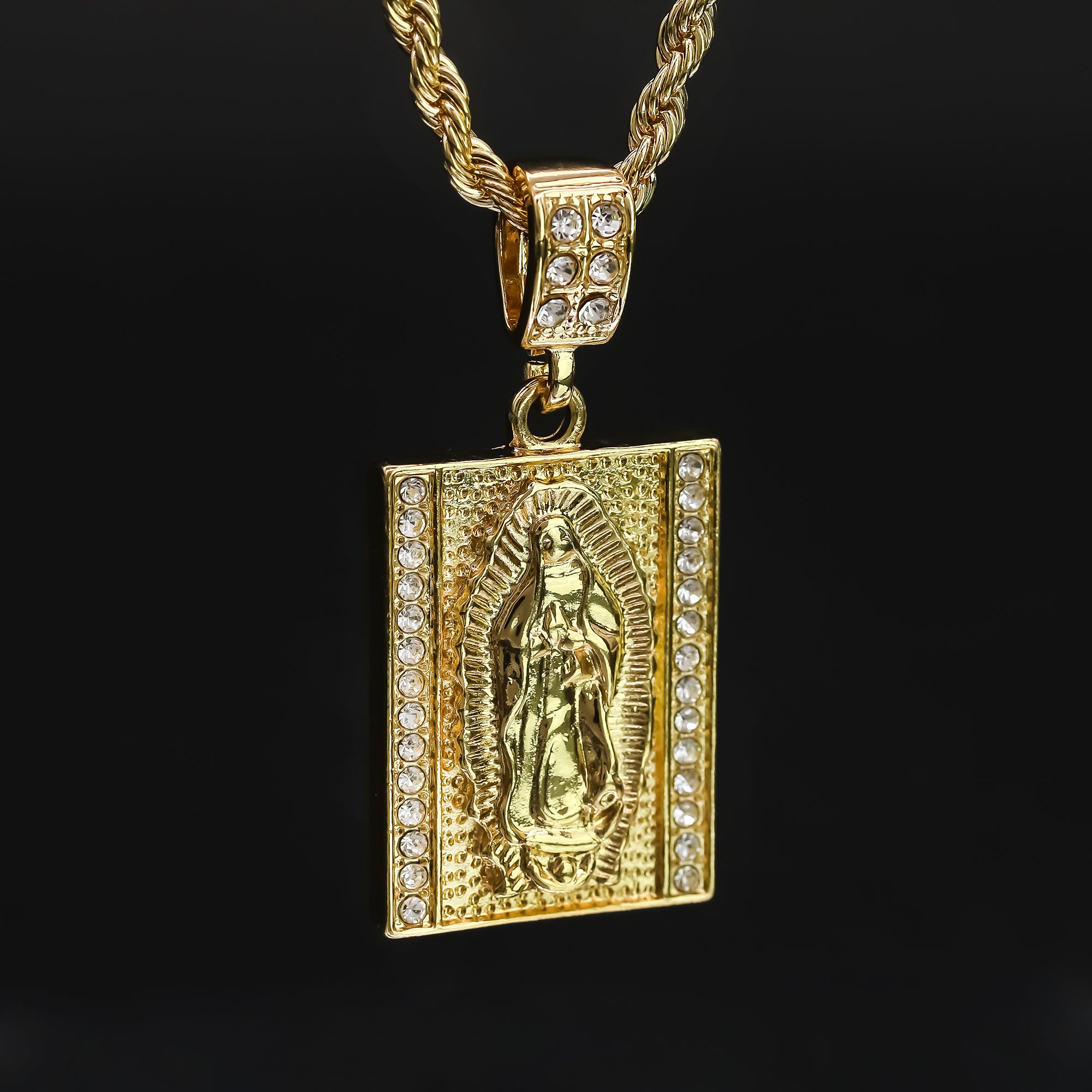 Men's 14k Gold Plated Virgin Block Pendant 4mm 24" Rope Chain Necklace