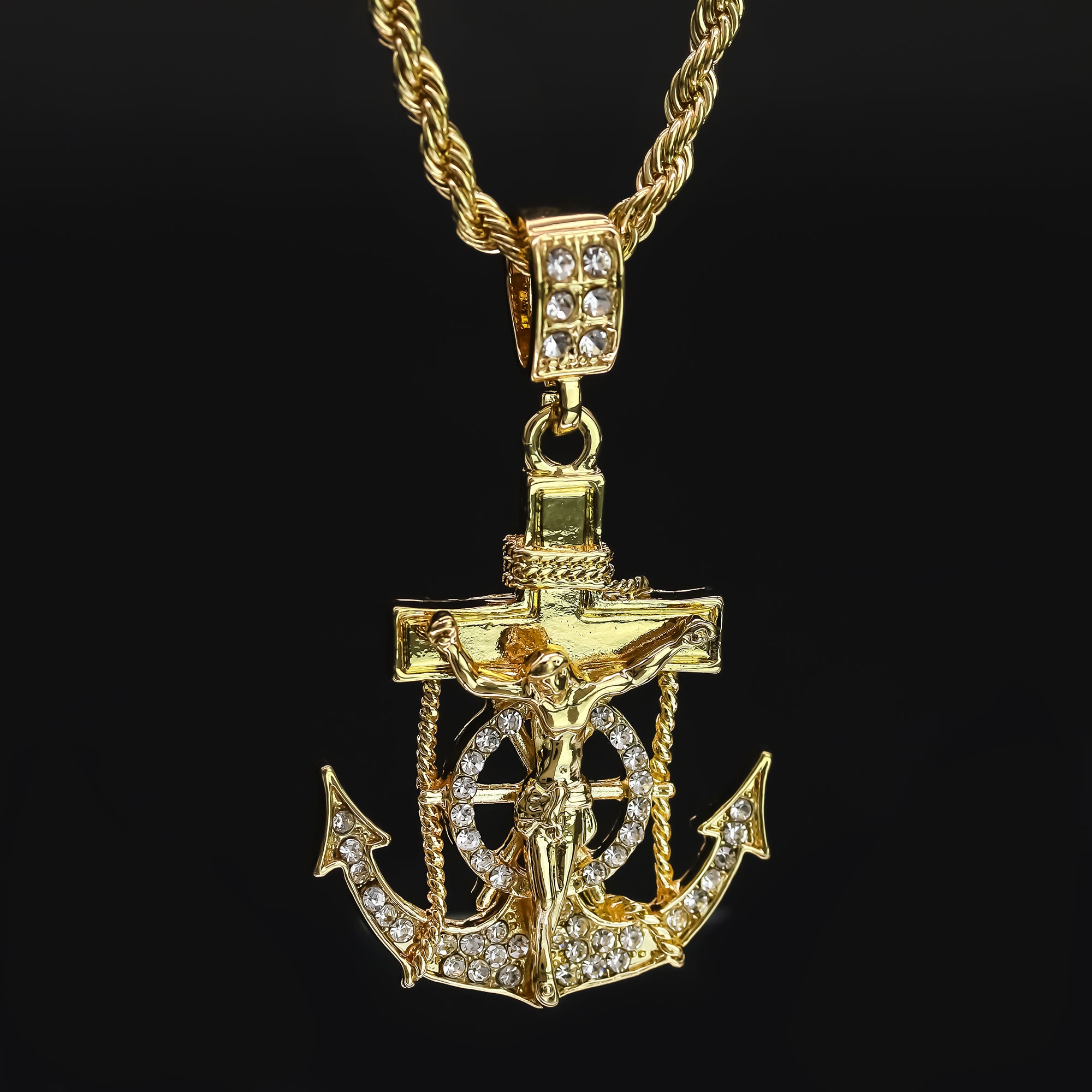 Men's 14k Gold Plated Anchor Jesus Cross Pendant 4mm 24" Rope Chain Necklace