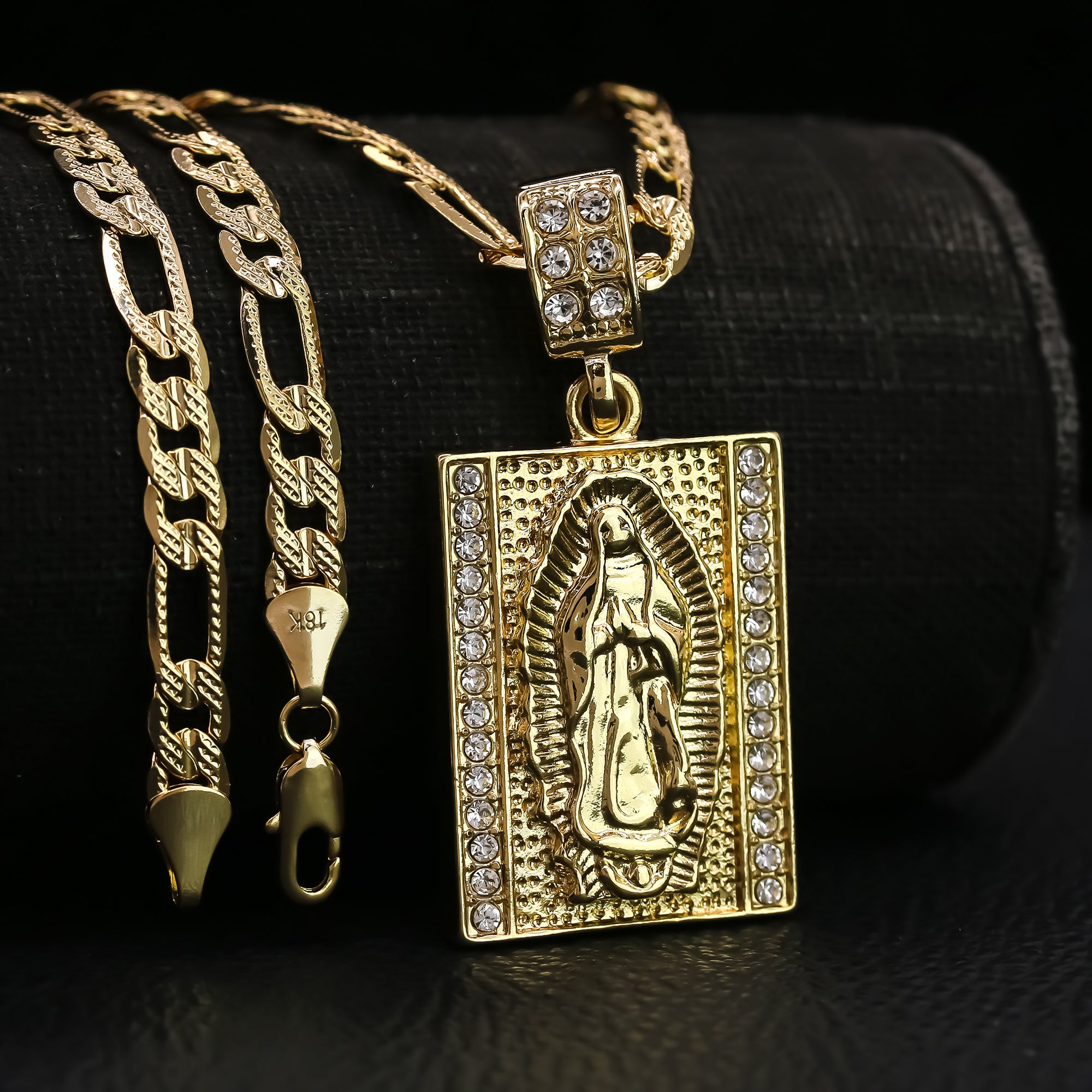 14k Gold Plated Medium Size Cz Virgin Block w/ 5mm 24" Frost Figaro Choker Chain