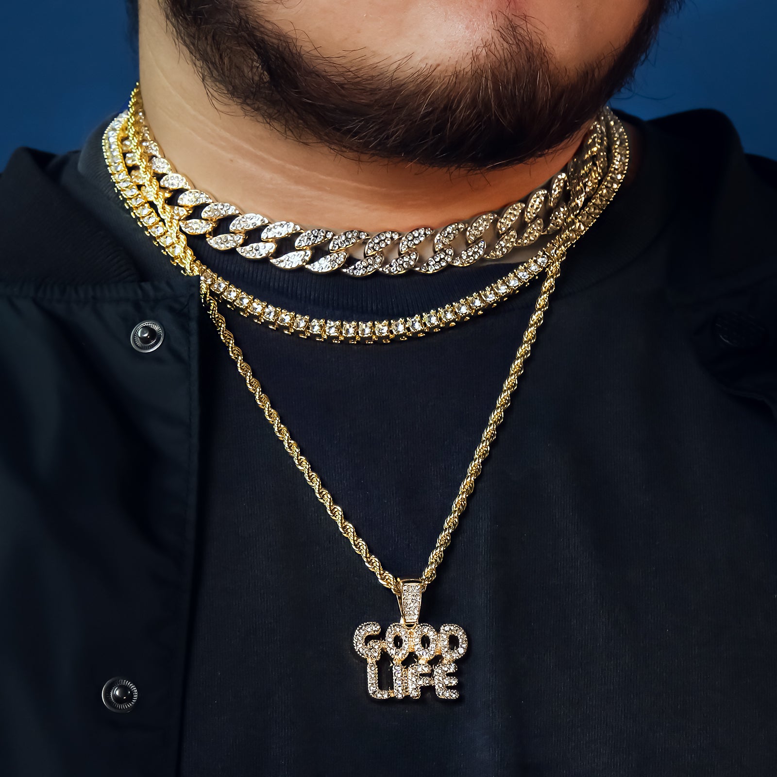 Good Life 4 Pcs Set Clear Cz Cuban, Tennis & Rope Chain Bundle Gold PT