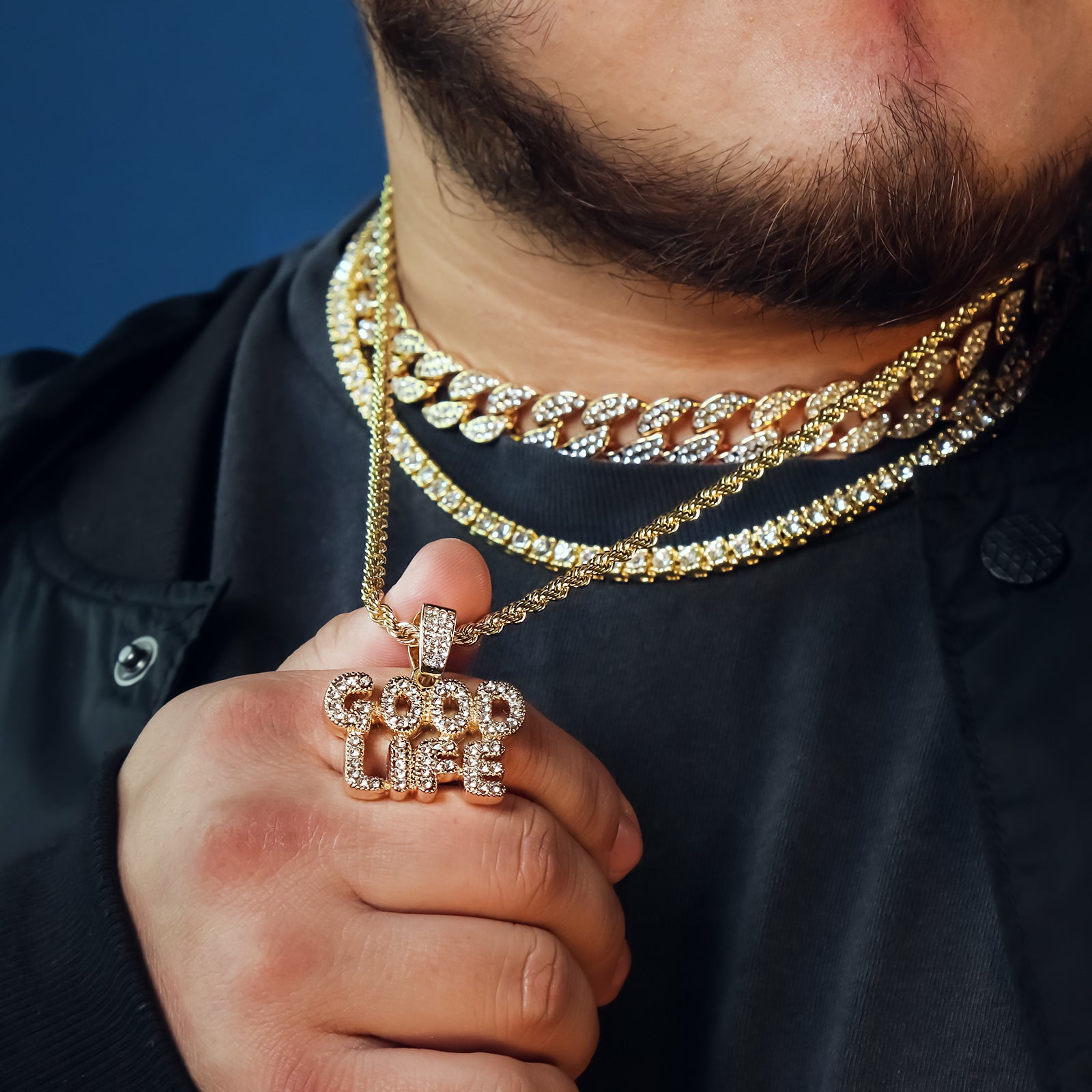 Good Life 4 Pcs Set Clear Cz Cuban, Tennis & Rope Chain Bundle Gold PT