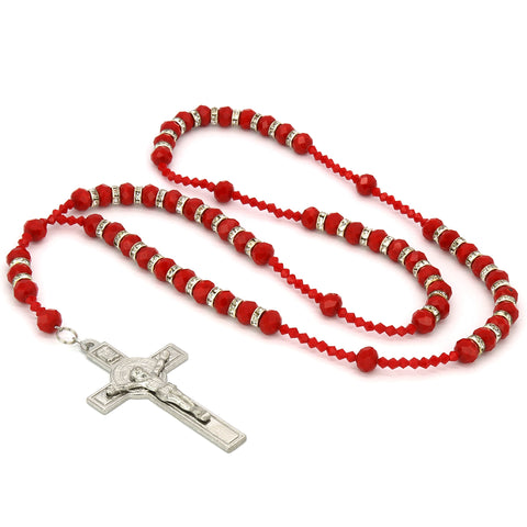 8MM RED Crystal Rosary 32" & Jesus Cross Pendant