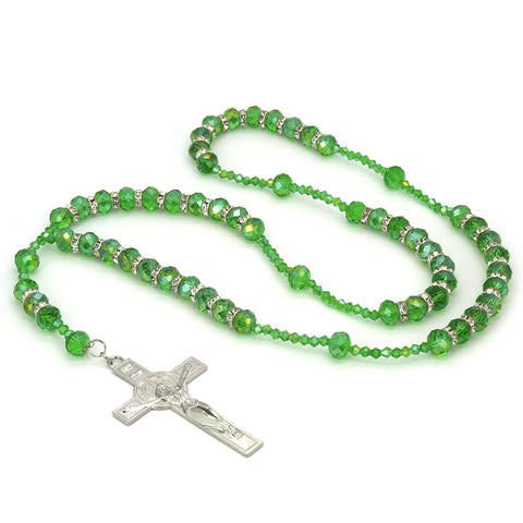 8MM GREEN Crystal Rosary 32" & Jesus Cross Pendant