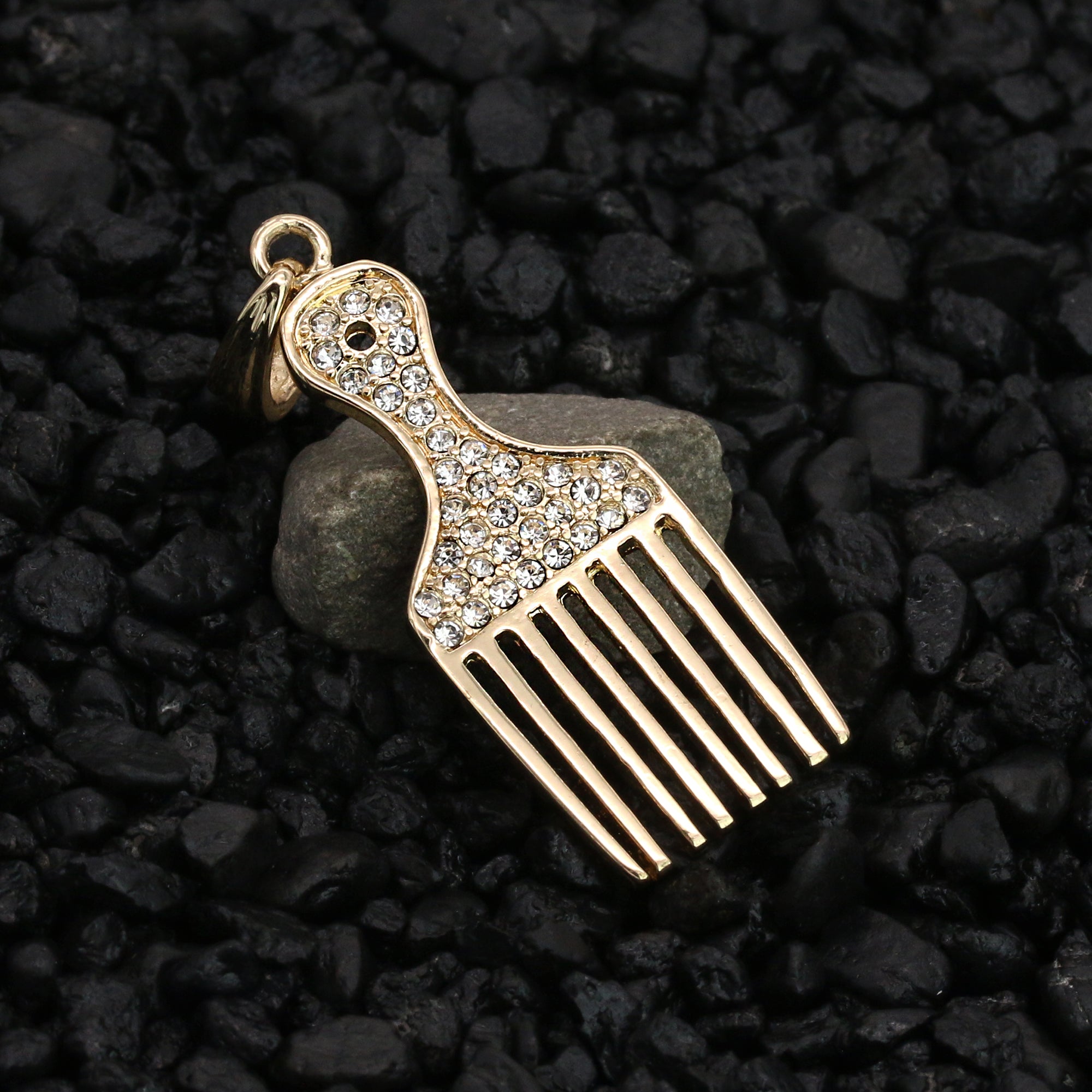 Afro Pick Cz Pendant 24" Rope Chain Hip Hop Style 18k Gold Plated