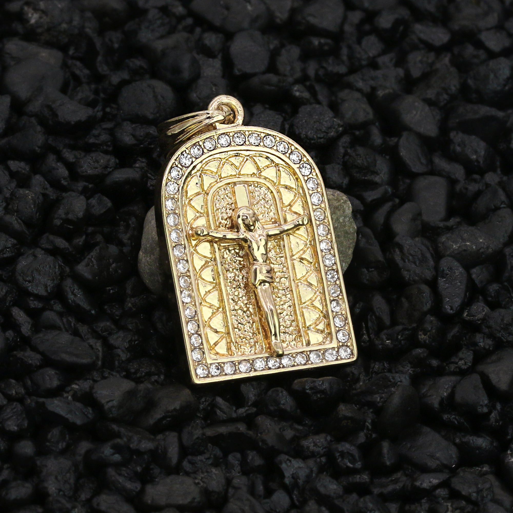 Jesus Crucifix Temple Cz Pendant 24" Rope Chain Hip Hop Style 18k Gold Plated