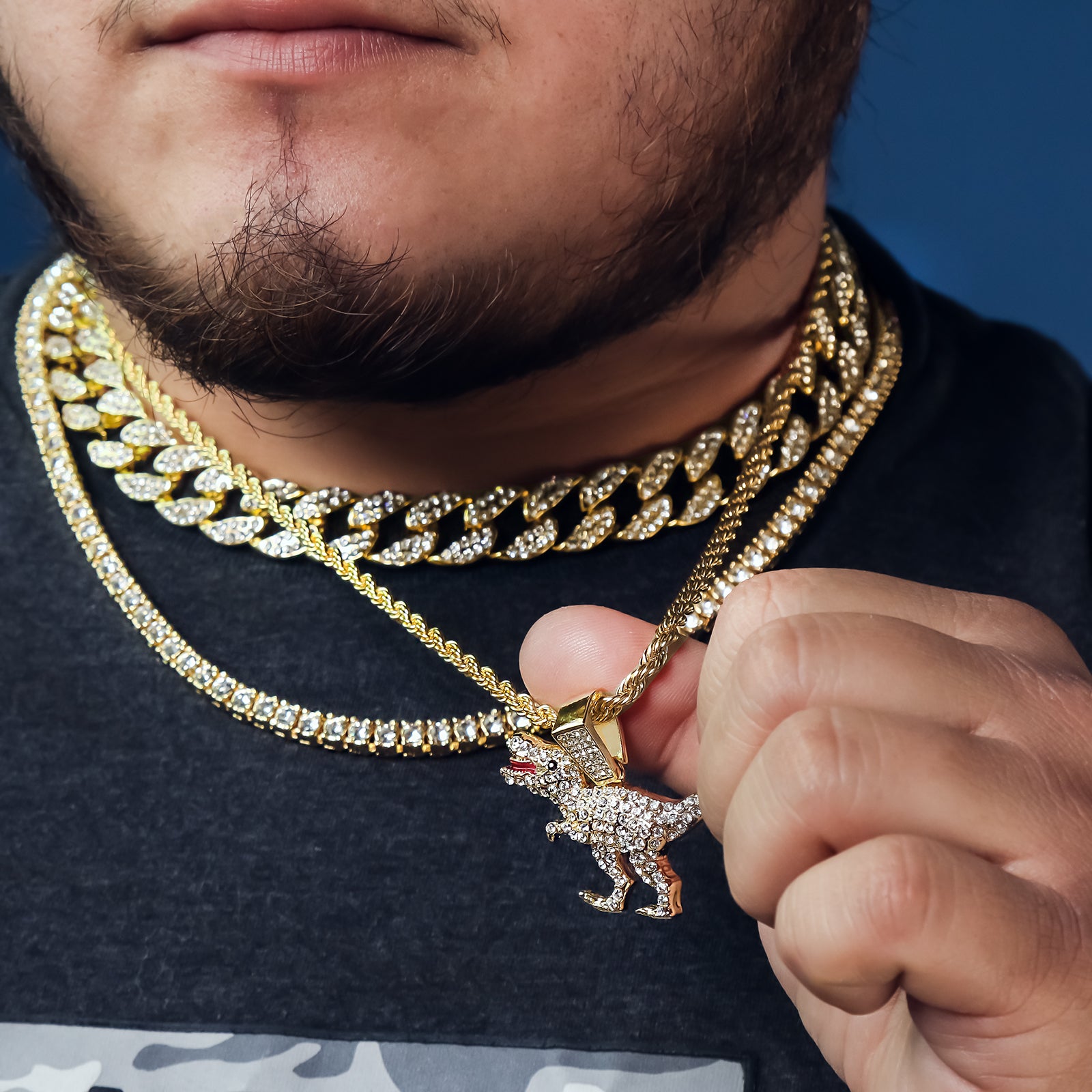 Dinosaur T-Rex 4 Pcs Set Clear Cz Cuban, Tennis & Rope Chain Bundle Gold PT