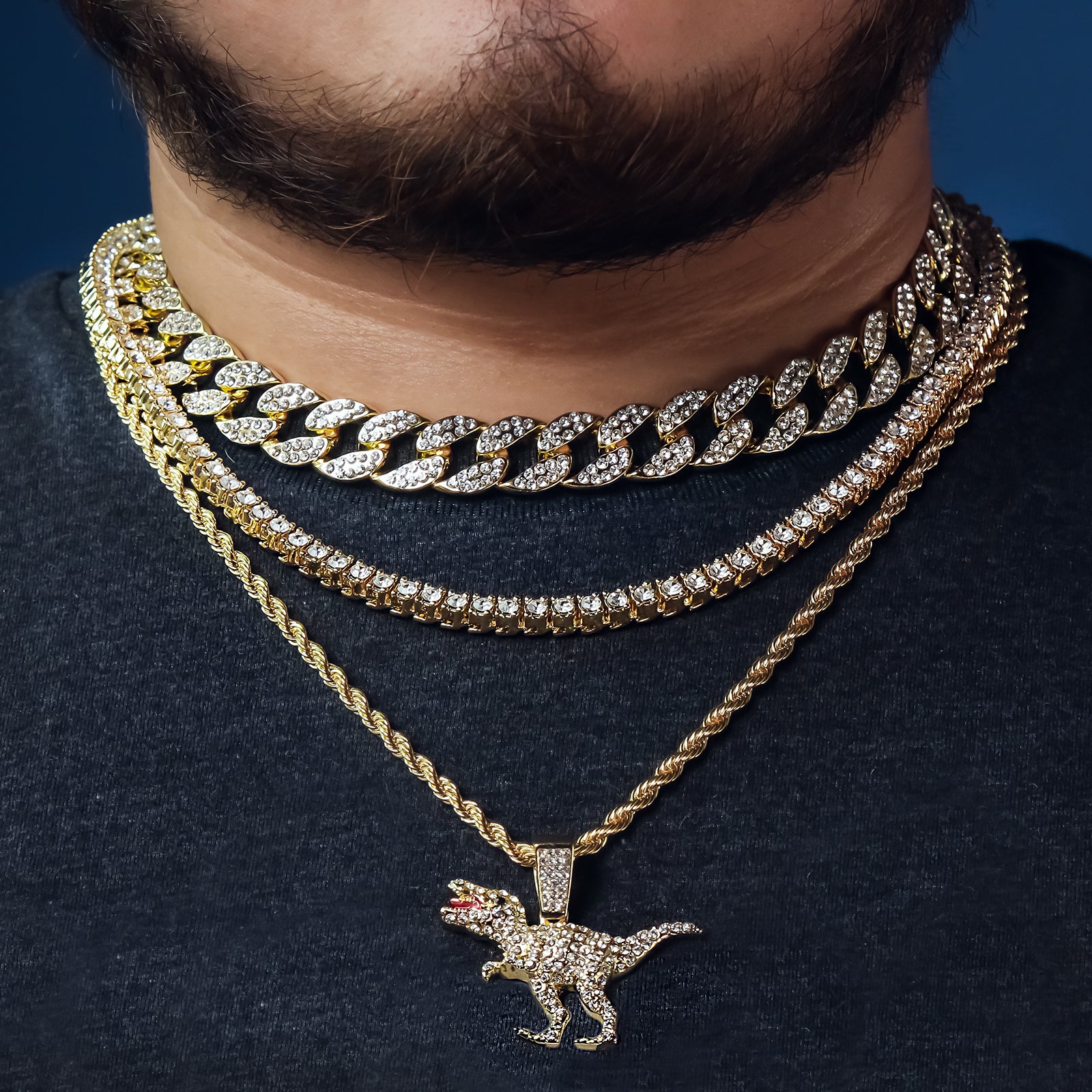 Dinosaur T-Rex 4 Pcs Set Clear Cz Cuban, Tennis & Rope Chain Bundle Gold PT