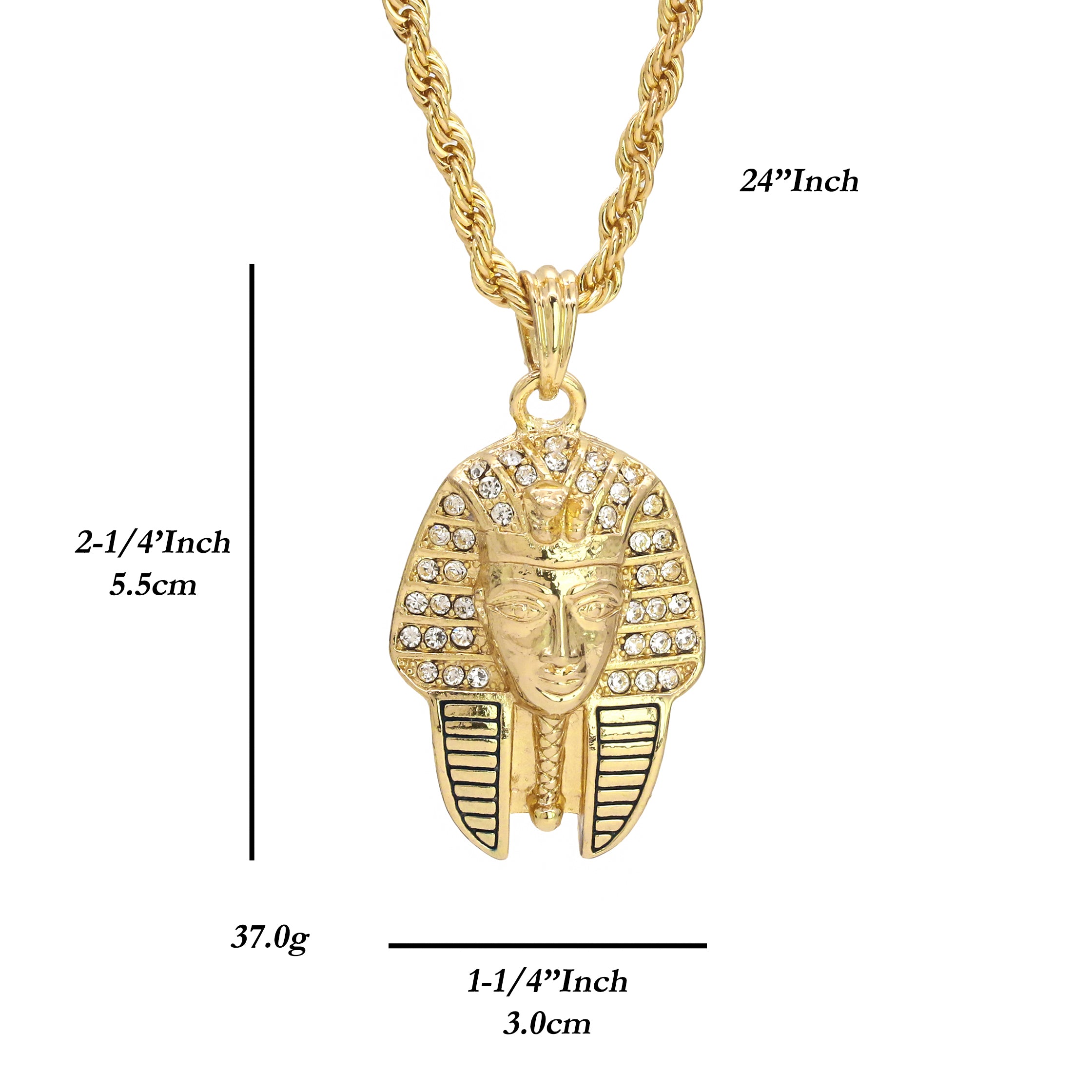 Egyptian Pharaoh King Pendant 24" Rope Chain Hip Hop Style 18k Gold Plated