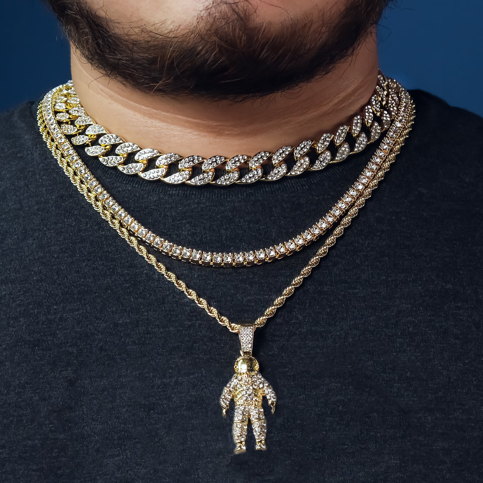 Space Man 4 Pcs Set Clear Cz Cuban, Tennis & Rope Chain Bundle Gold PT