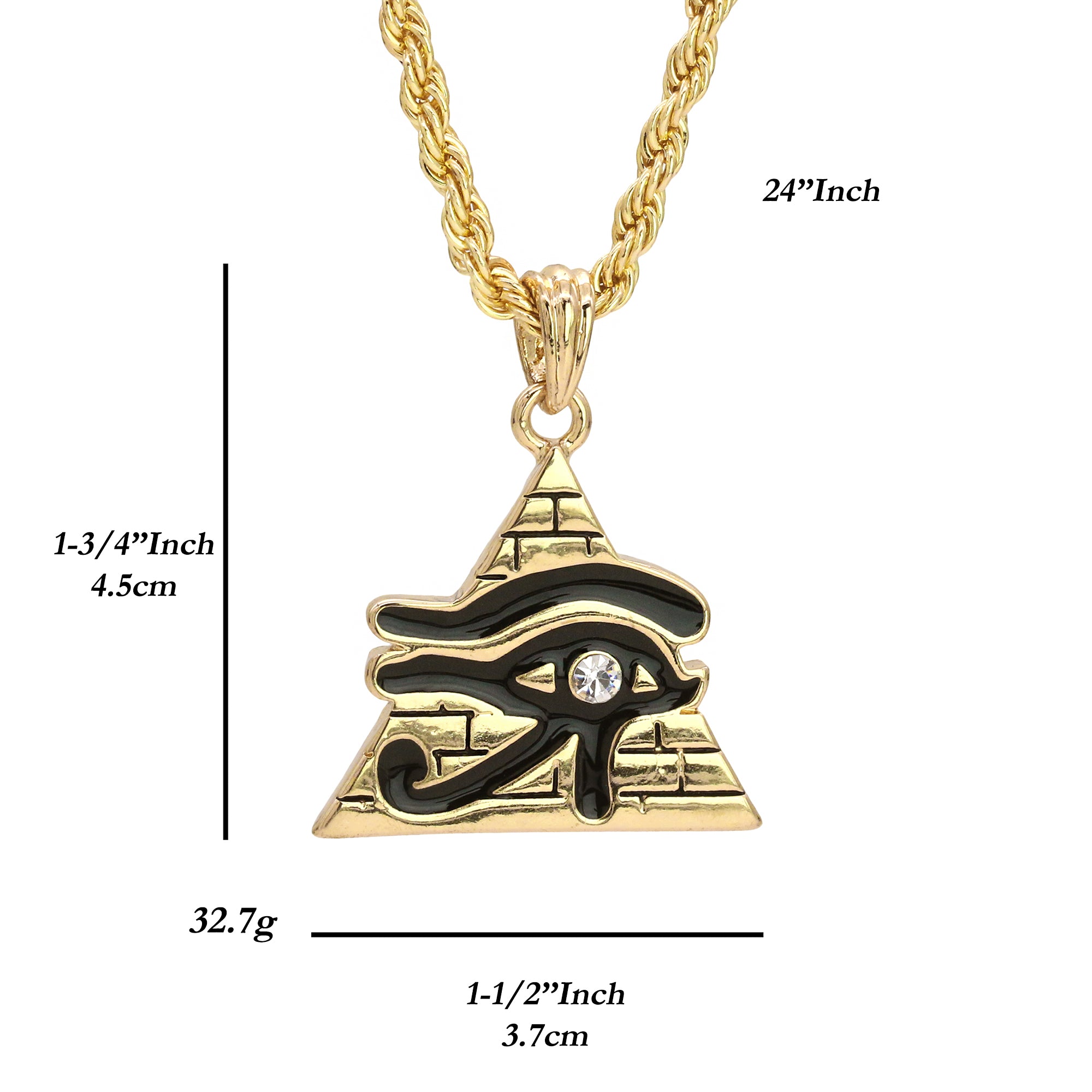 Eye Of Rah Pyramided Pendant 24" Rope Chain Hip Hop Style 18k Gold Plated