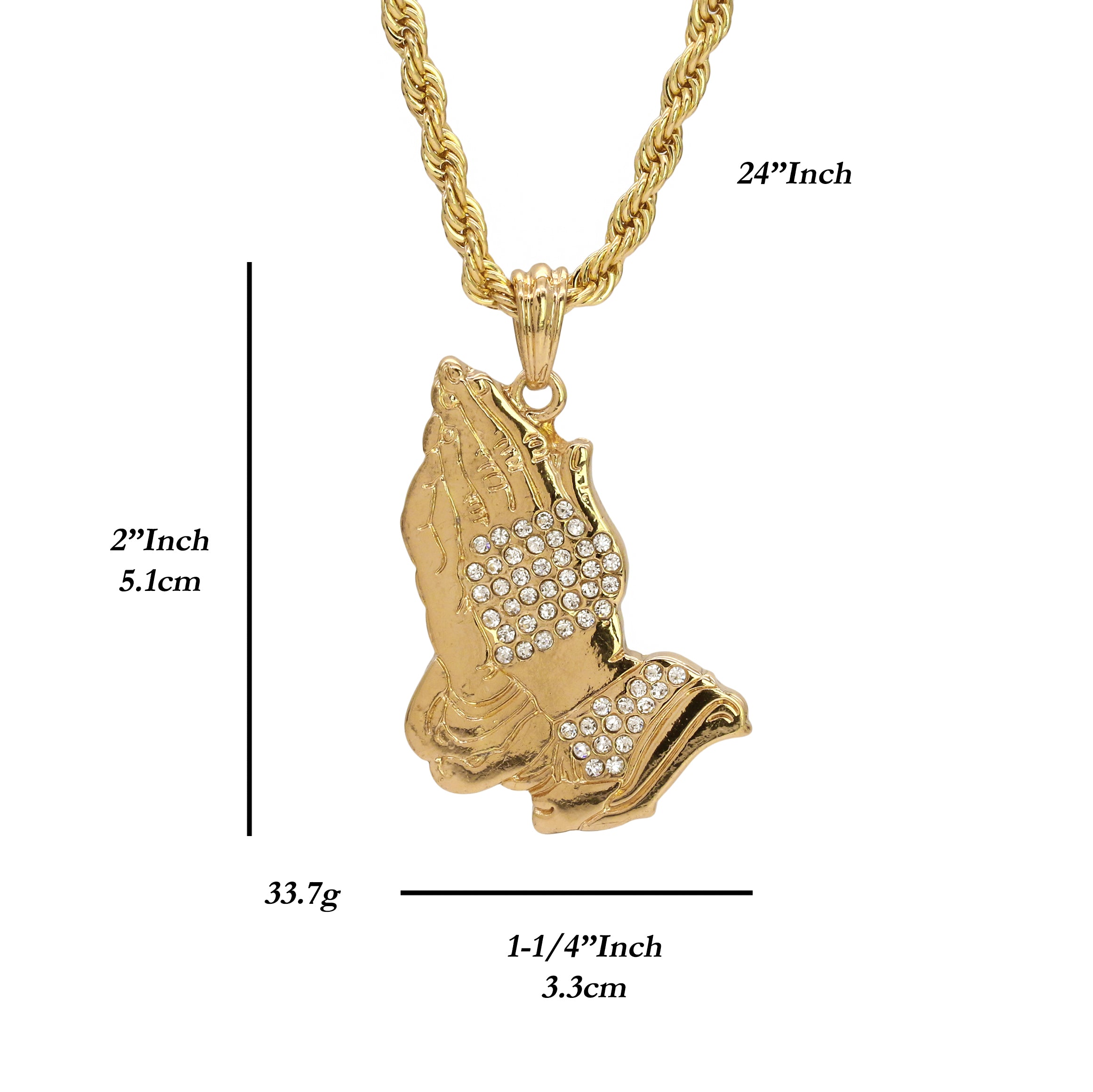 Prayer Hand Cz Pendant 24" Rope Chain Hip Hop Style 18k Gold Plated