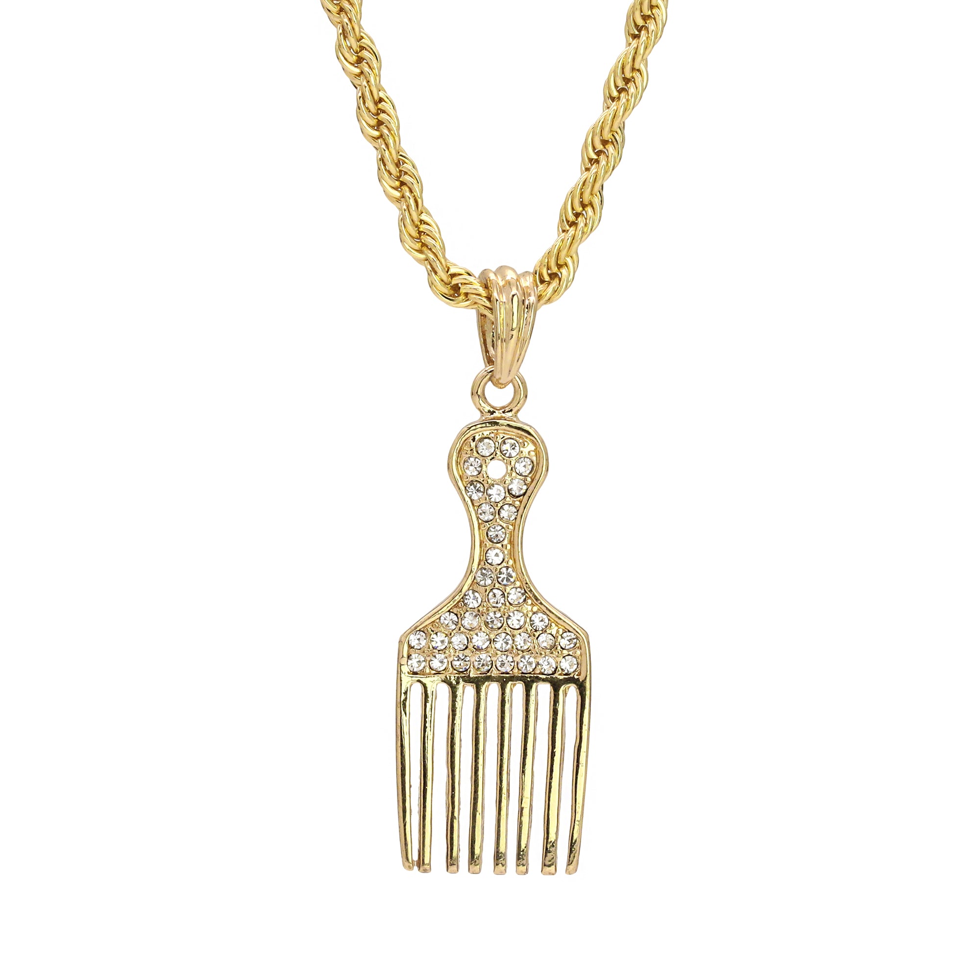Afro Pick Cz Pendant 24" Rope Chain Hip Hop Style 18k Gold Plated