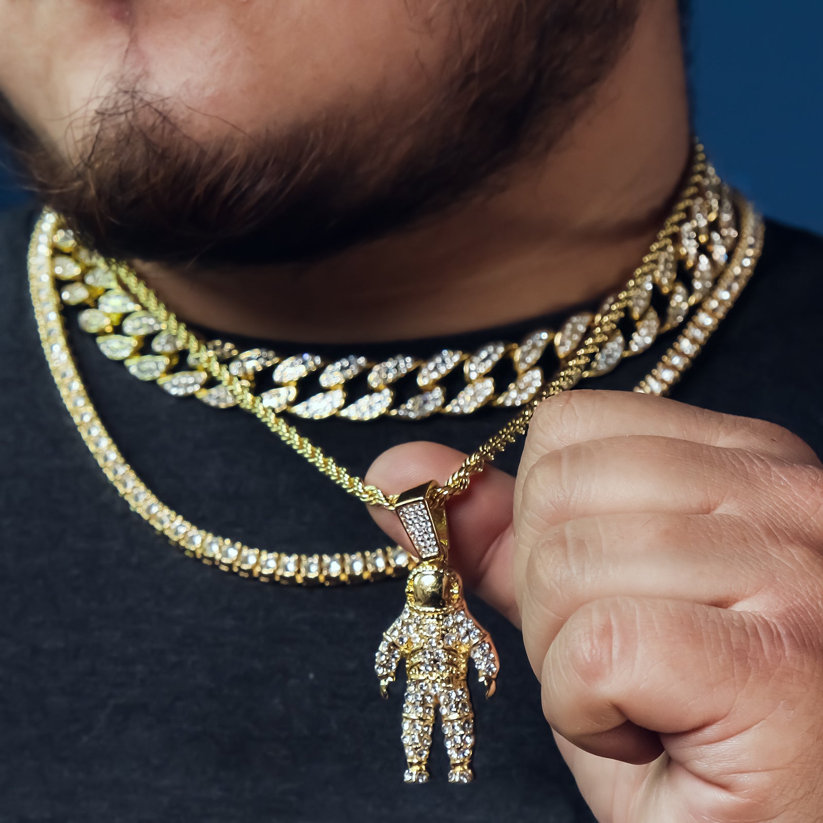 Space Man 4 Pcs Set Clear Cz Cuban, Tennis & Rope Chain Bundle Gold PT