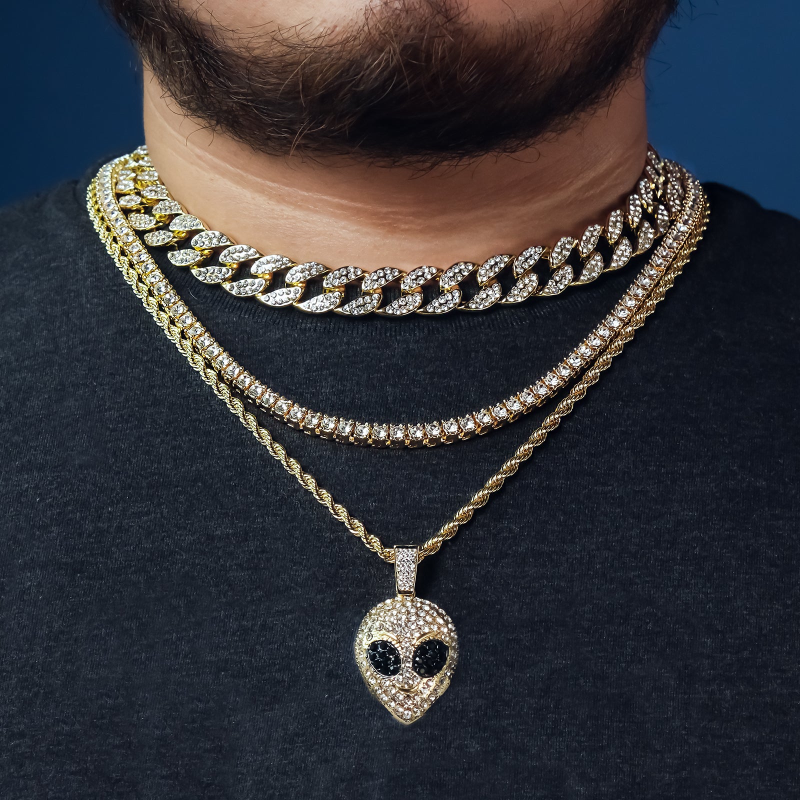 Alien Head 4 Pcs Set Clear Cz Cuban, Tennis & Rope Chain Bundle Gold PT