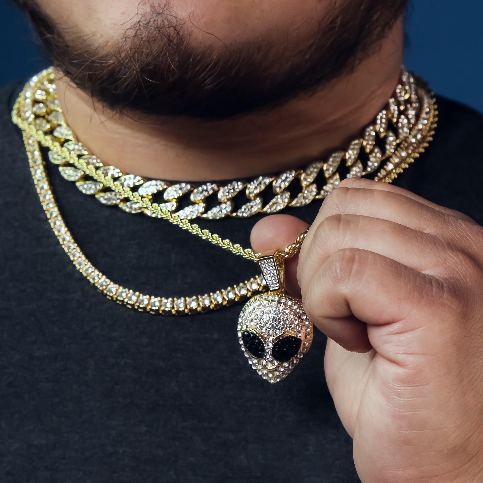 Alien Head 4 Pcs Set Clear Cz Cuban, Tennis & Rope Chain Bundle Gold PT