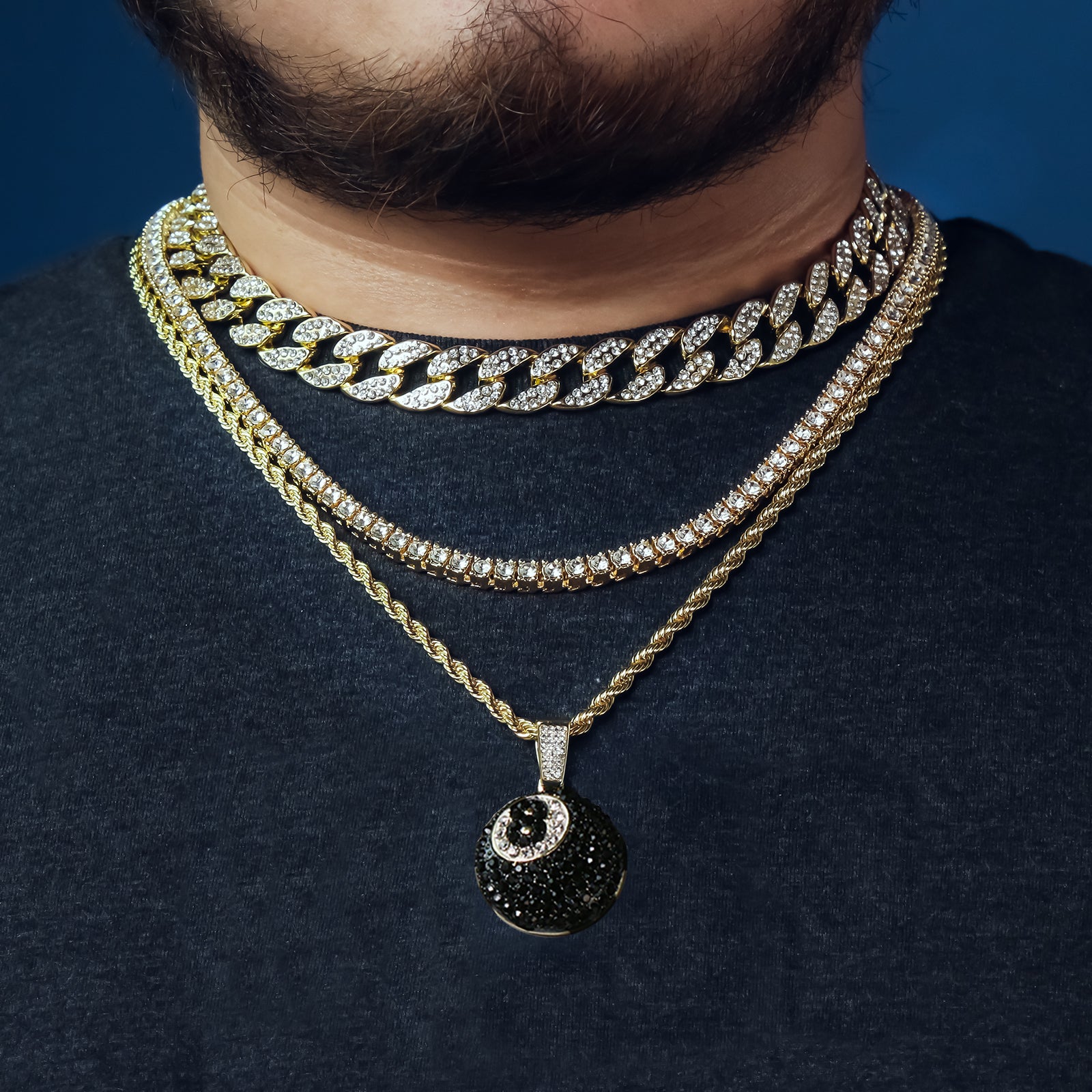 #8 Ball 4 Pcs Set Clear Cz Cuban, Tennis & Rope Chain Bundle Gold PT