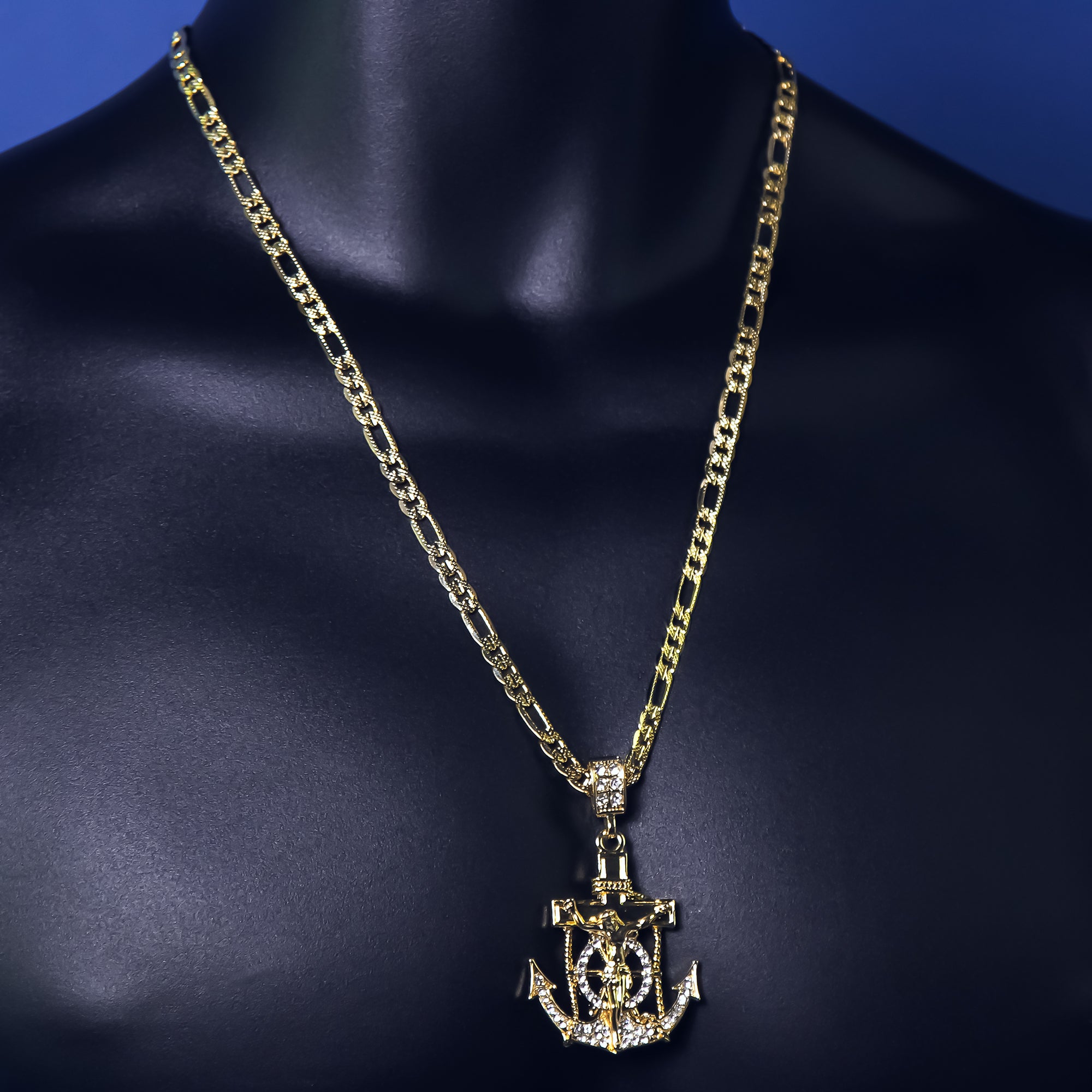 14k Gold Plated Medium Size Cz Jesus Anchor Cross w/ 5mm 24" Frost Figaro Choker Chain