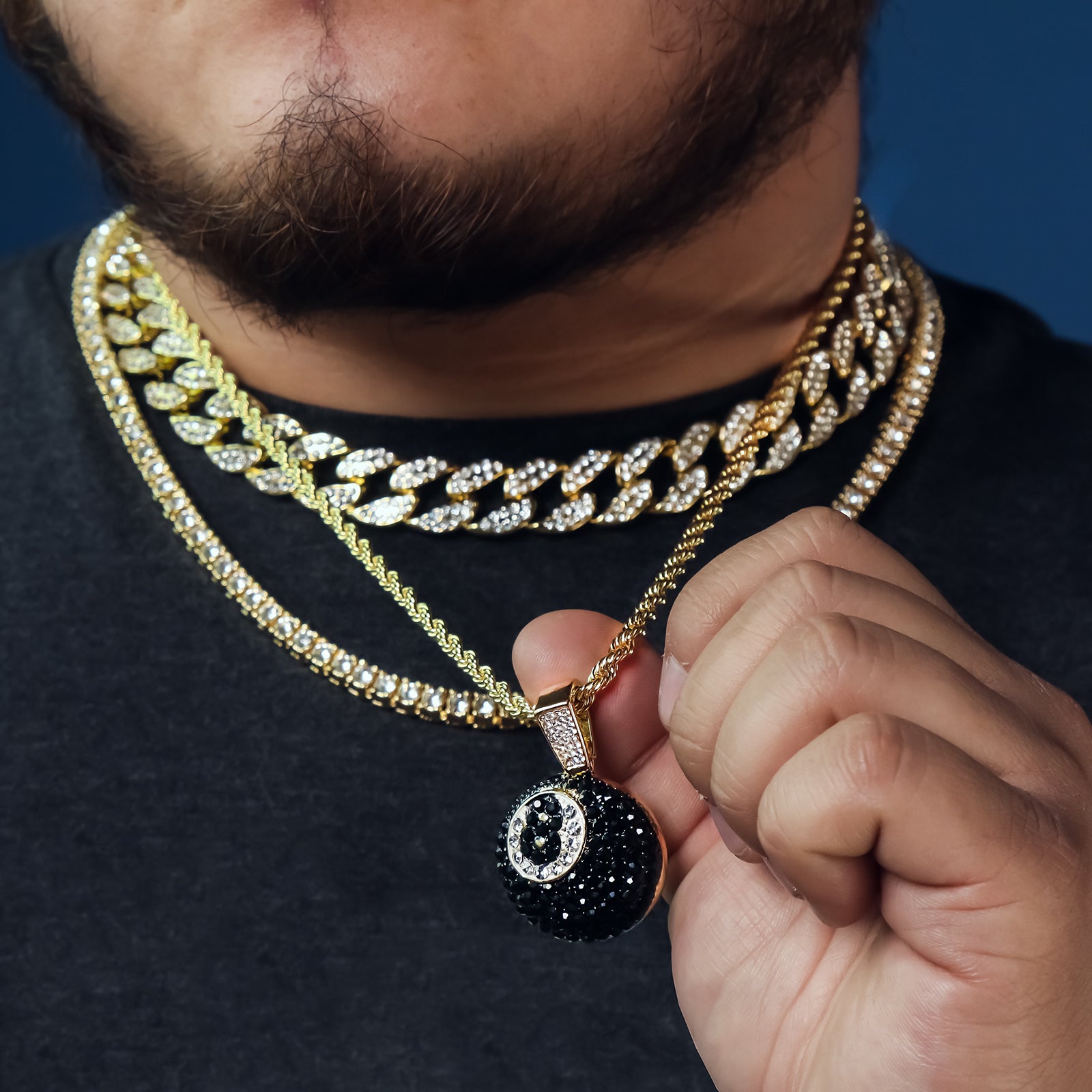 #8 Ball 4 Pcs Set Clear Cz Cuban, Tennis & Rope Chain Bundle Gold PT