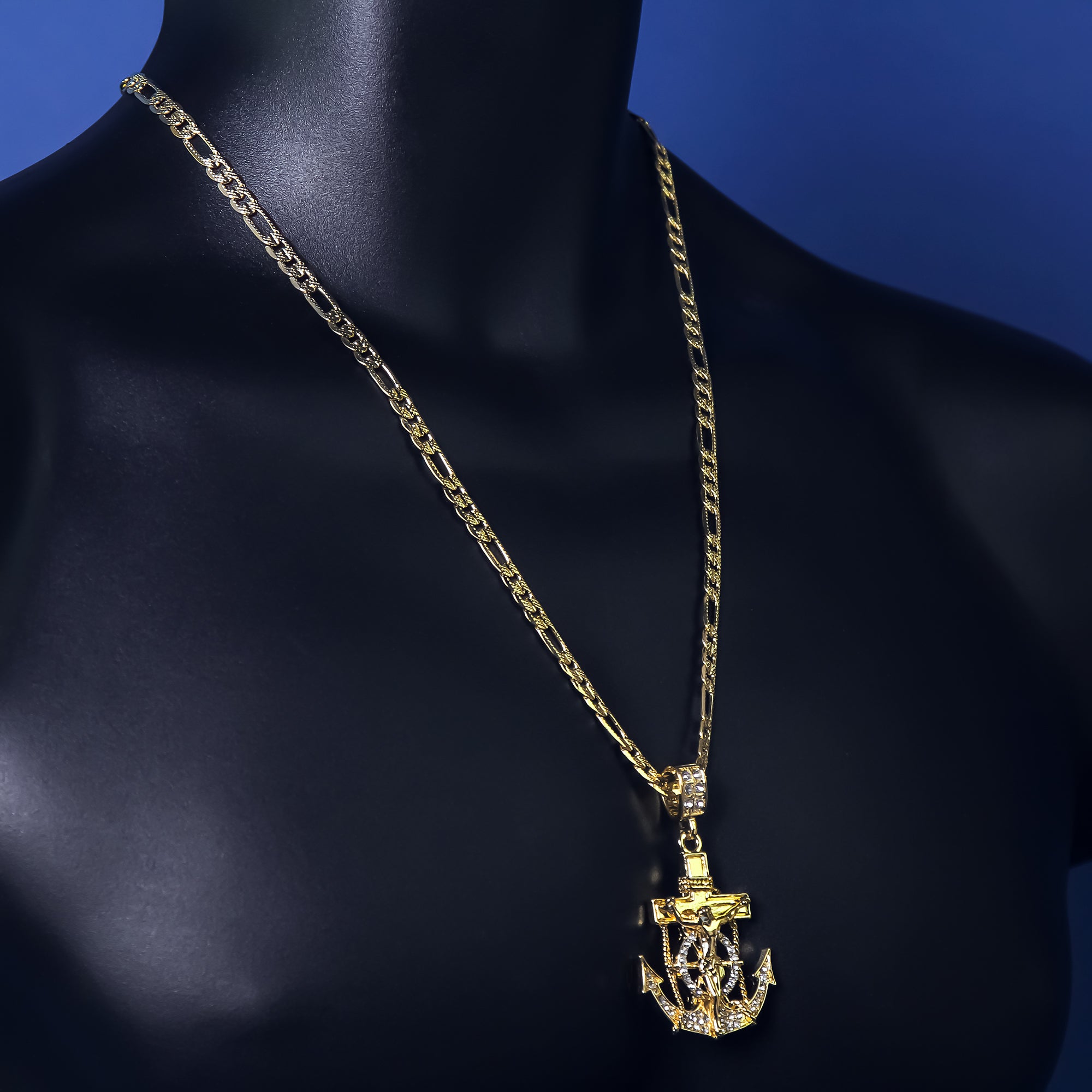 14k Gold Plated Medium Size Cz Jesus Anchor Cross w/ 5mm 24" Frost Figaro Choker Chain