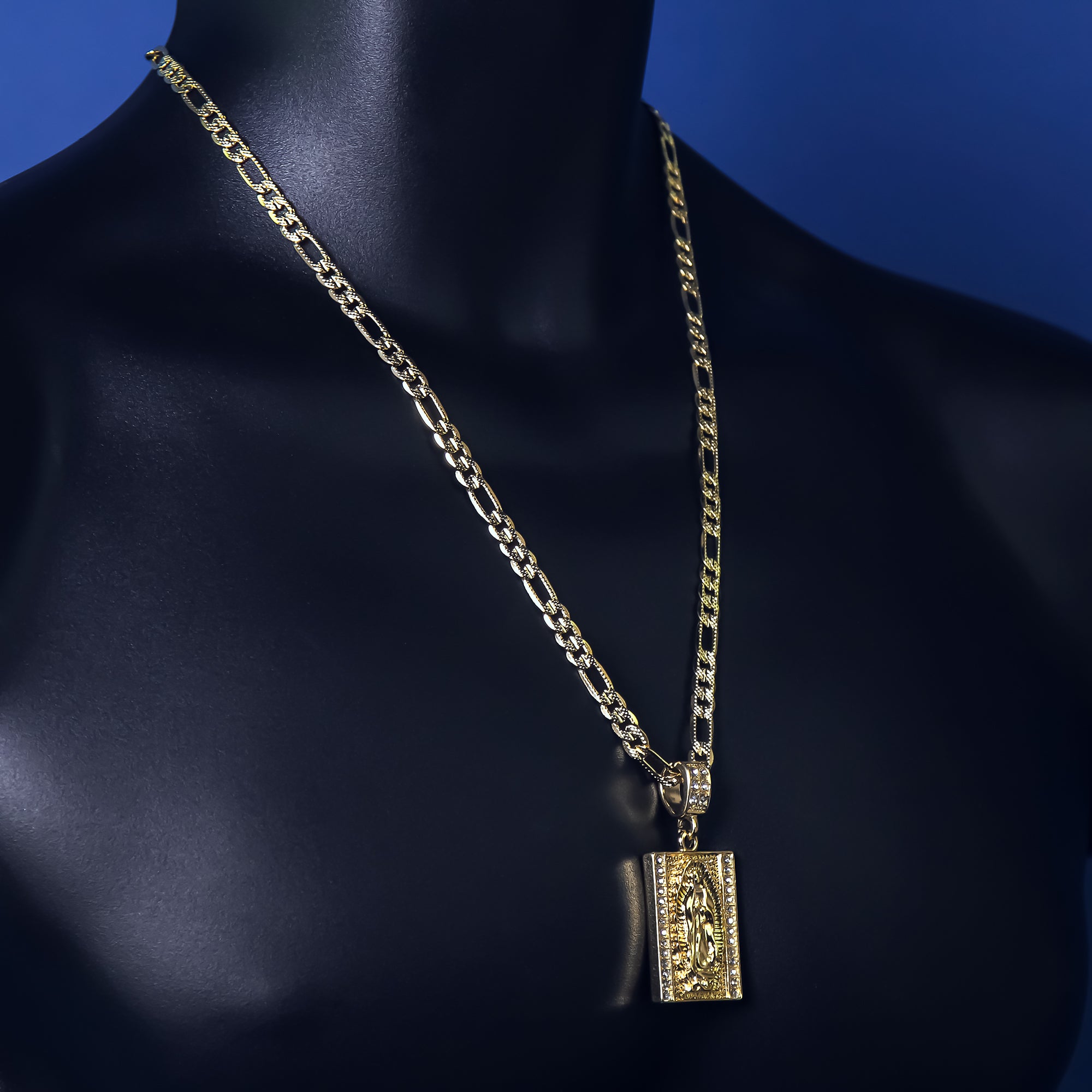 14k Gold Plated Medium Size Cz Virgin Block w/ 5mm 24" Frost Figaro Choker Chain