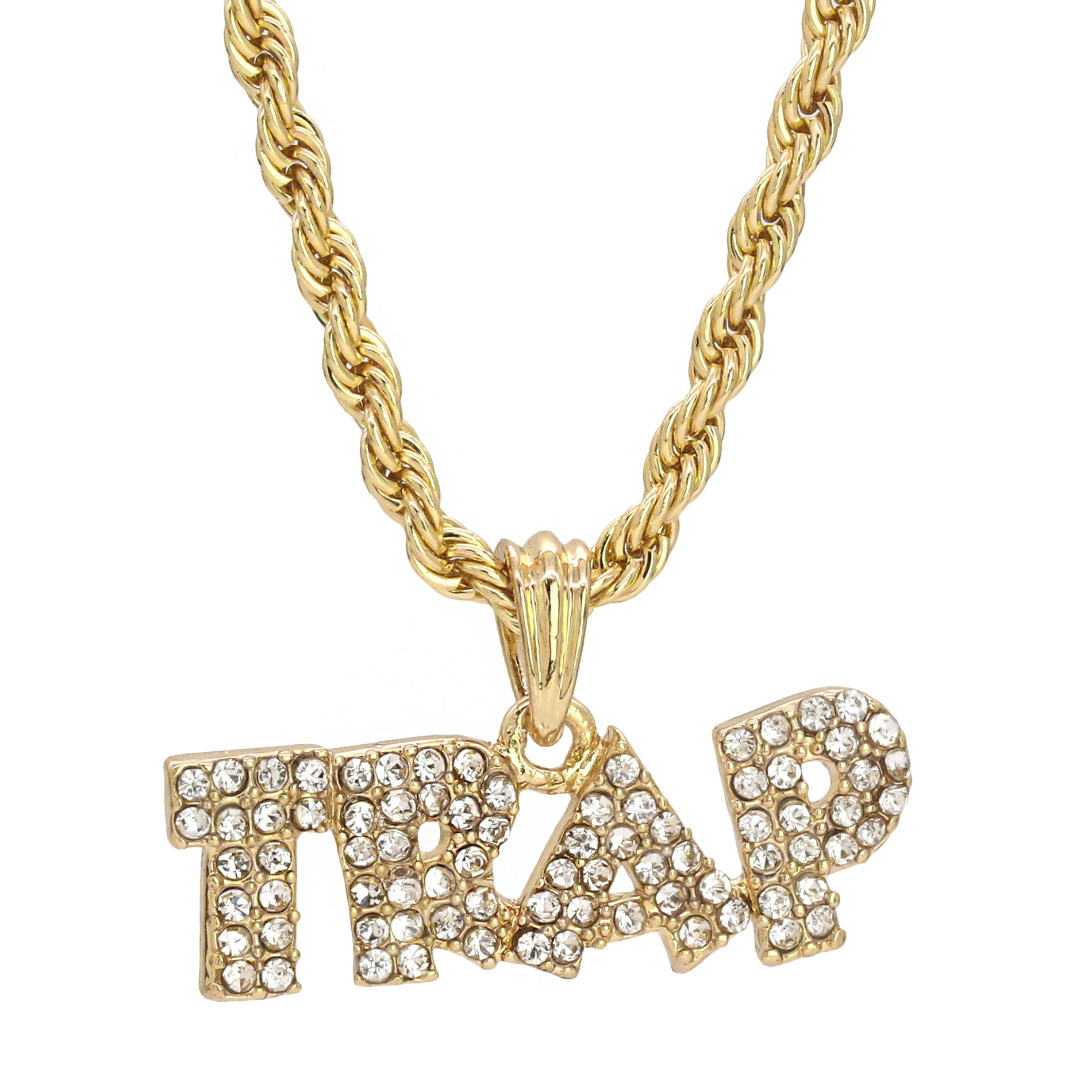 Trap Letters Cz Pendant 24" Rope Chain Hip Hop Style 18k Gold Plated