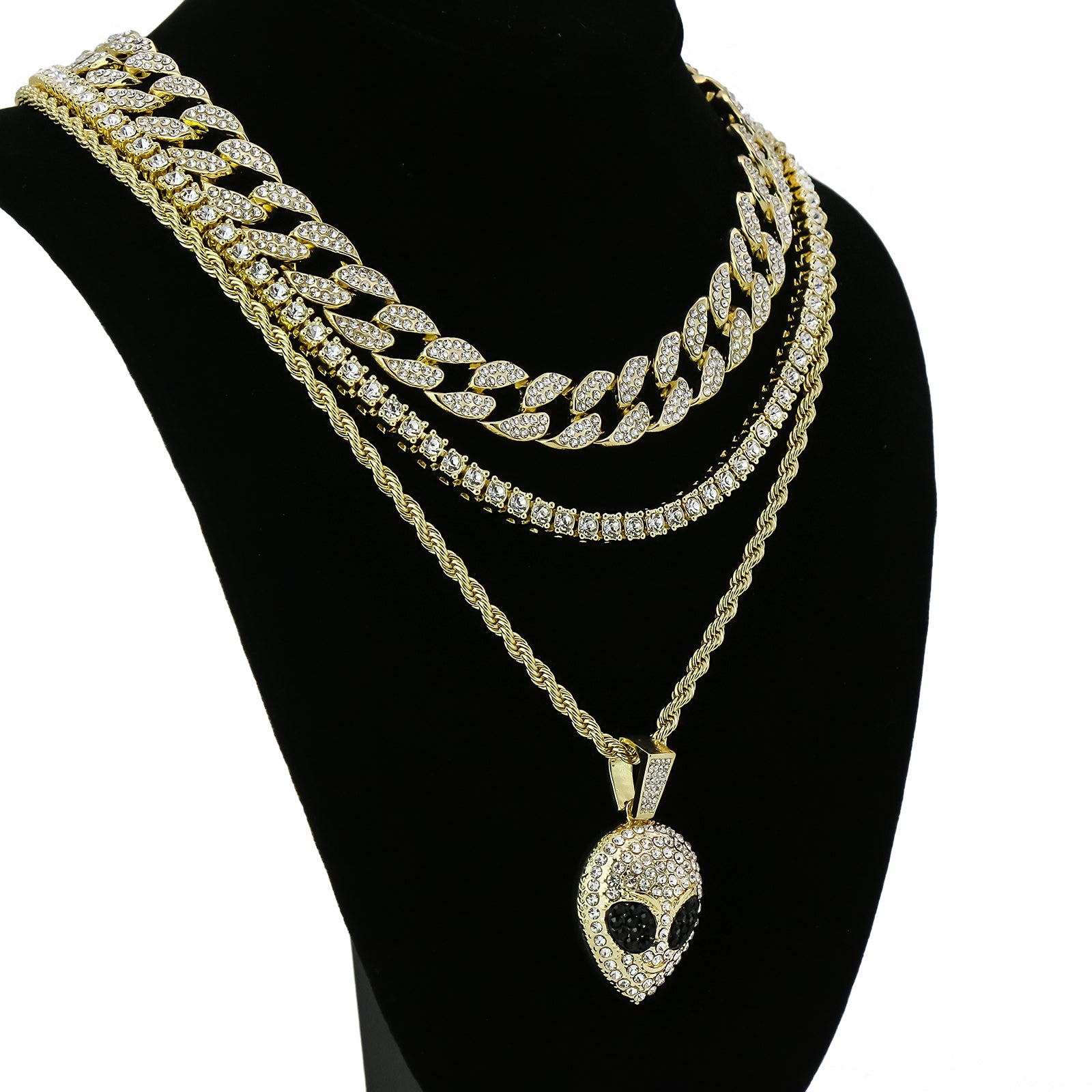 Alien Head 4 Pcs Set Clear Cz Cuban, Tennis & Rope Chain Bundle Gold PT