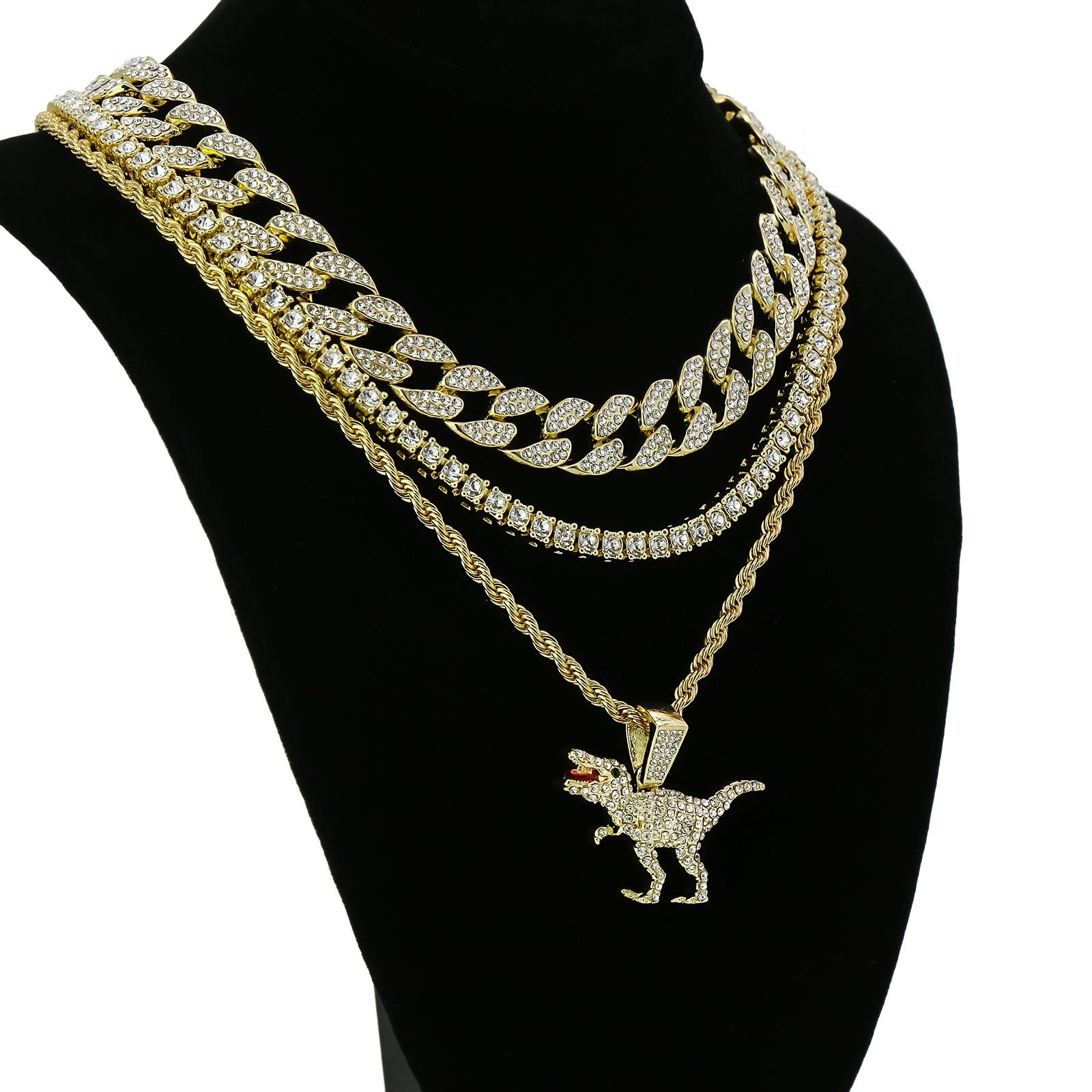 Dinosaur T-Rex 4 Pcs Set Clear Cz Cuban, Tennis & Rope Chain Bundle Gold PT