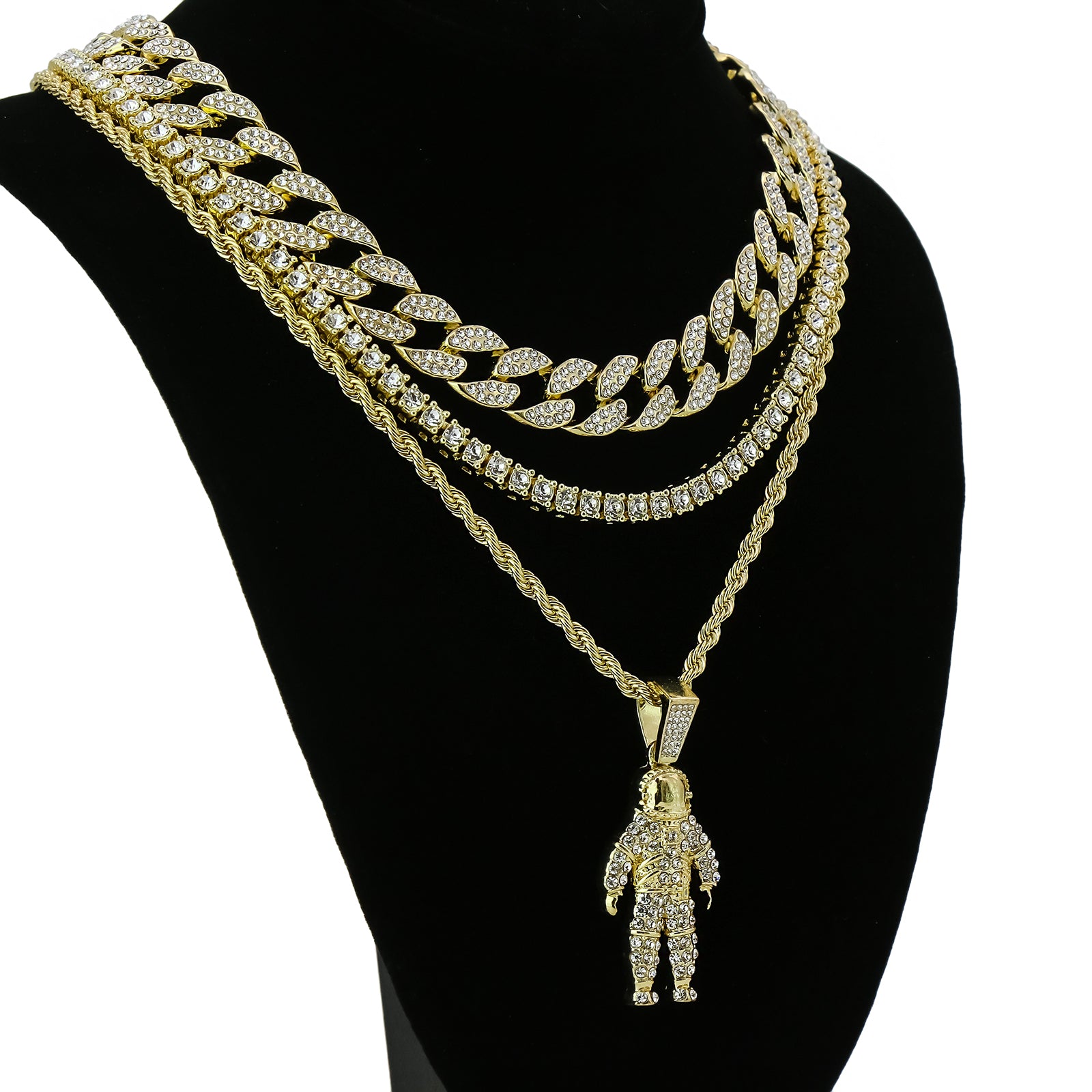 Space Man 4 Pcs Set Clear Cz Cuban, Tennis & Rope Chain Bundle Gold PT
