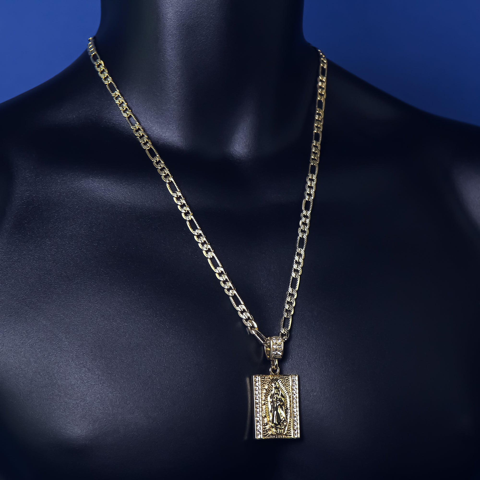 14k Gold Plated Medium Size Cz Virgin Block w/ 5mm 24" Frost Figaro Choker Chain