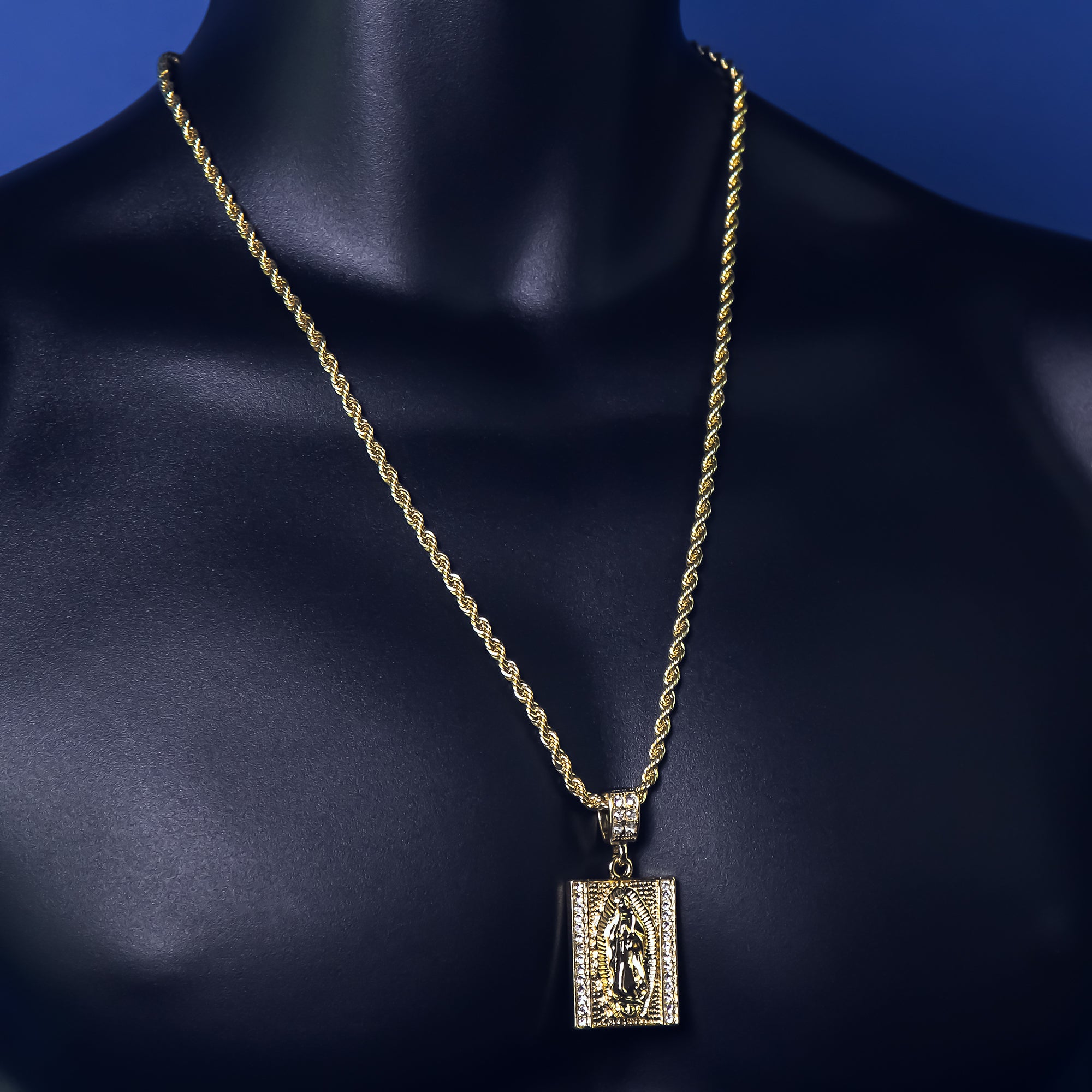 Men's 14k Gold Plated Virgin Block Pendant 4mm 24" Rope Chain Necklace