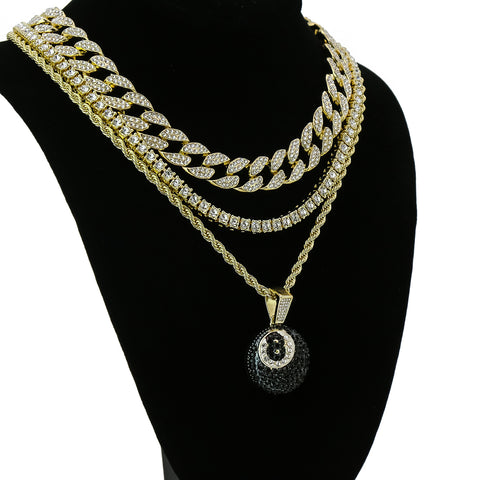 #8 Ball 4 Pcs Set Clear Cz Cuban, Tennis & Rope Chain Bundle Gold PT