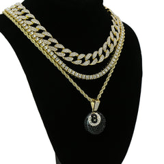 #8 Ball 4 Pcs Set Clear Cz Cuban, Tennis & Rope Chain Bundle Gold PT